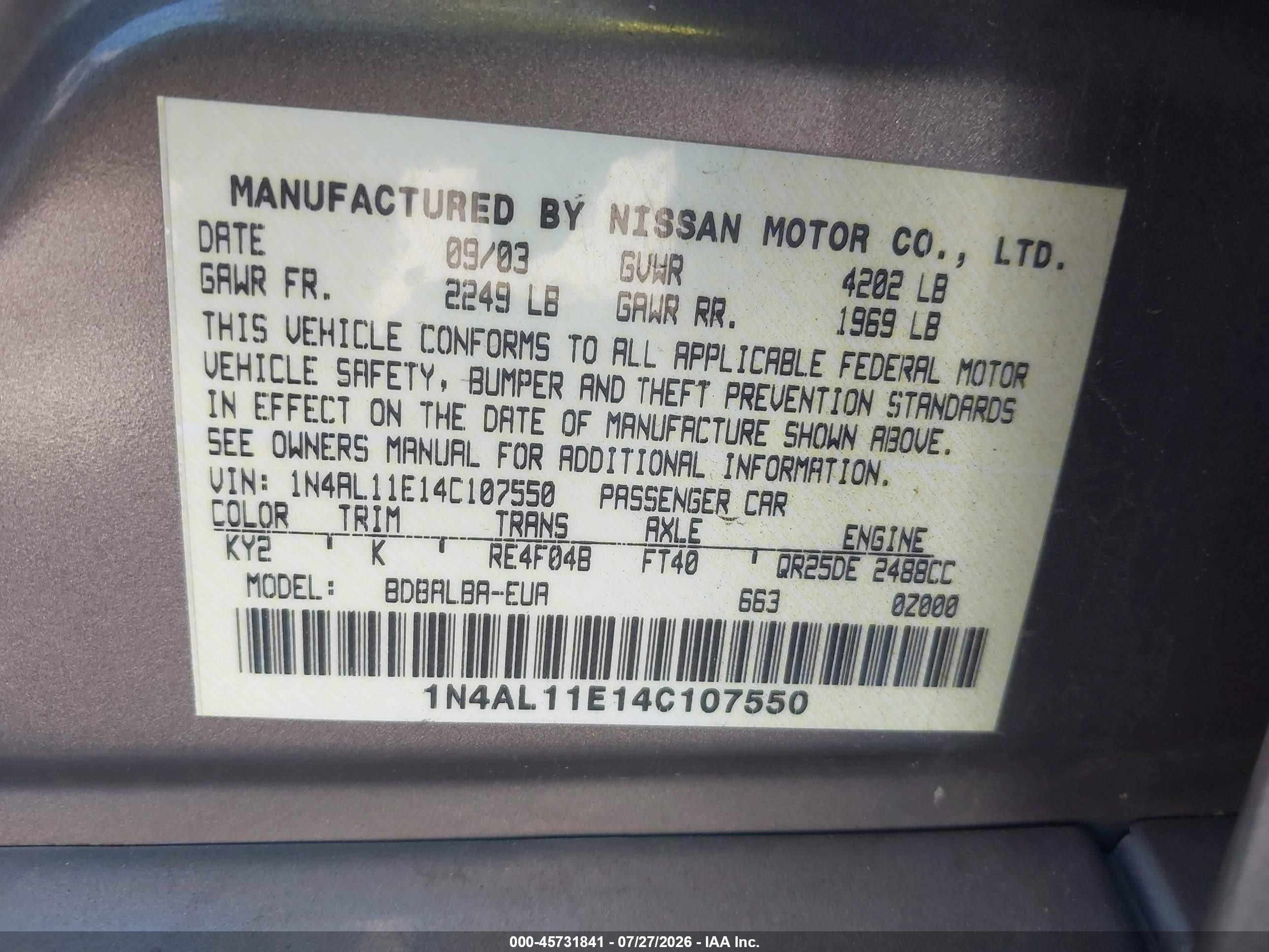 2004 Nissan Altima 2.5 S Champagne vin: 1N4AL11E14C107550