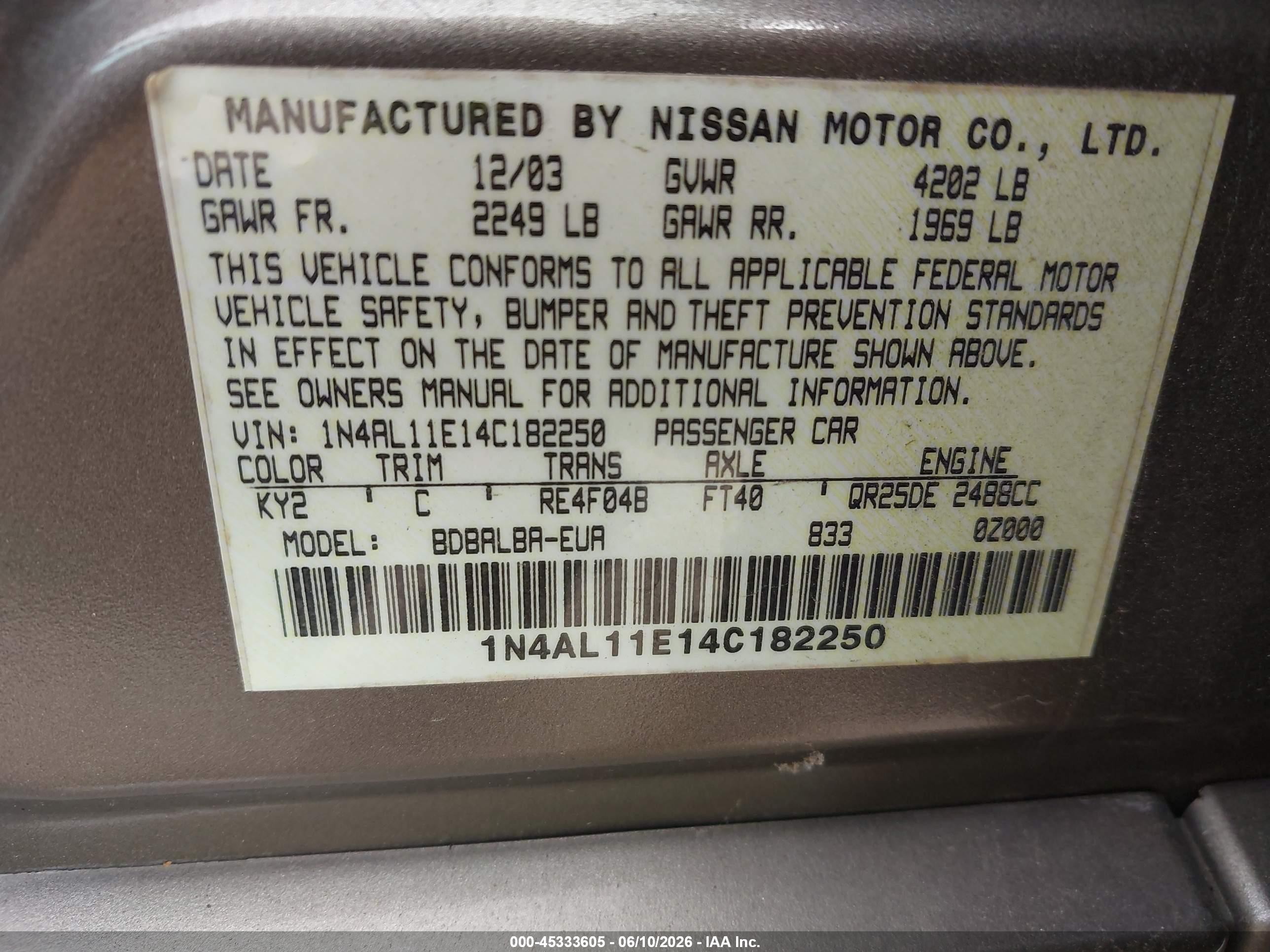 2004 Nissan Altima 2.5 Sl Beige vin: 1N4AL11E14C182250