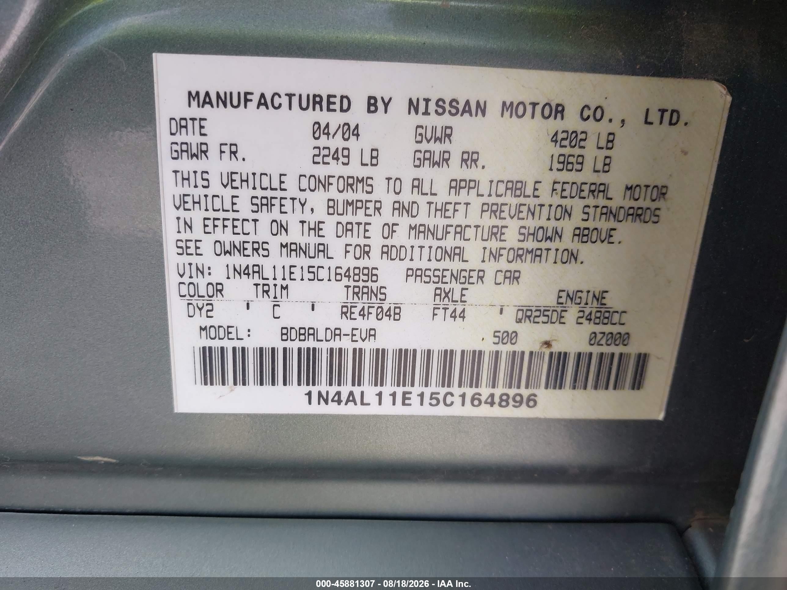 2005 Nissan Altima 2.5 S Зеленый vin: 1N4AL11E15C164896