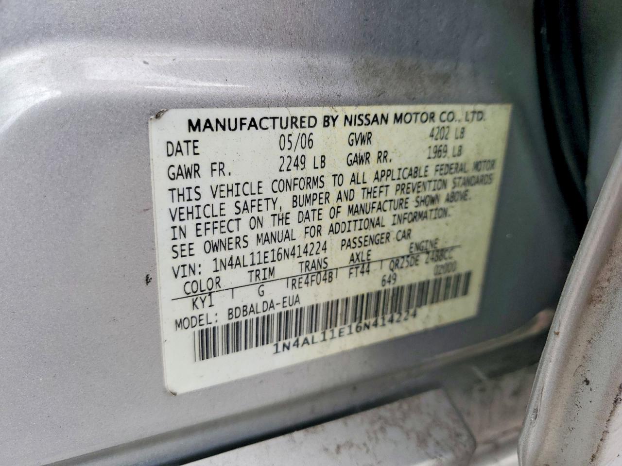 2006 Nissan Altima 2.5 S Silver vin: 1N4AL11E16N414224