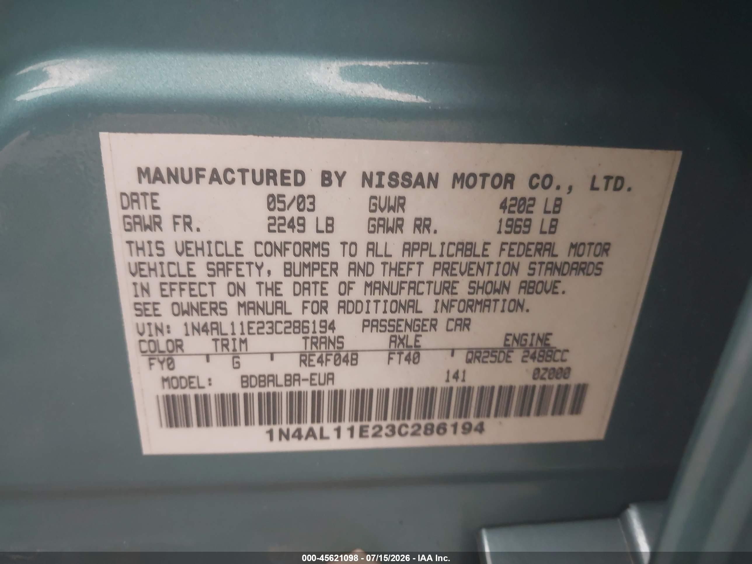 2003 Nissan Altima 2.5 S Blue vin: 1N4AL11E23C286194