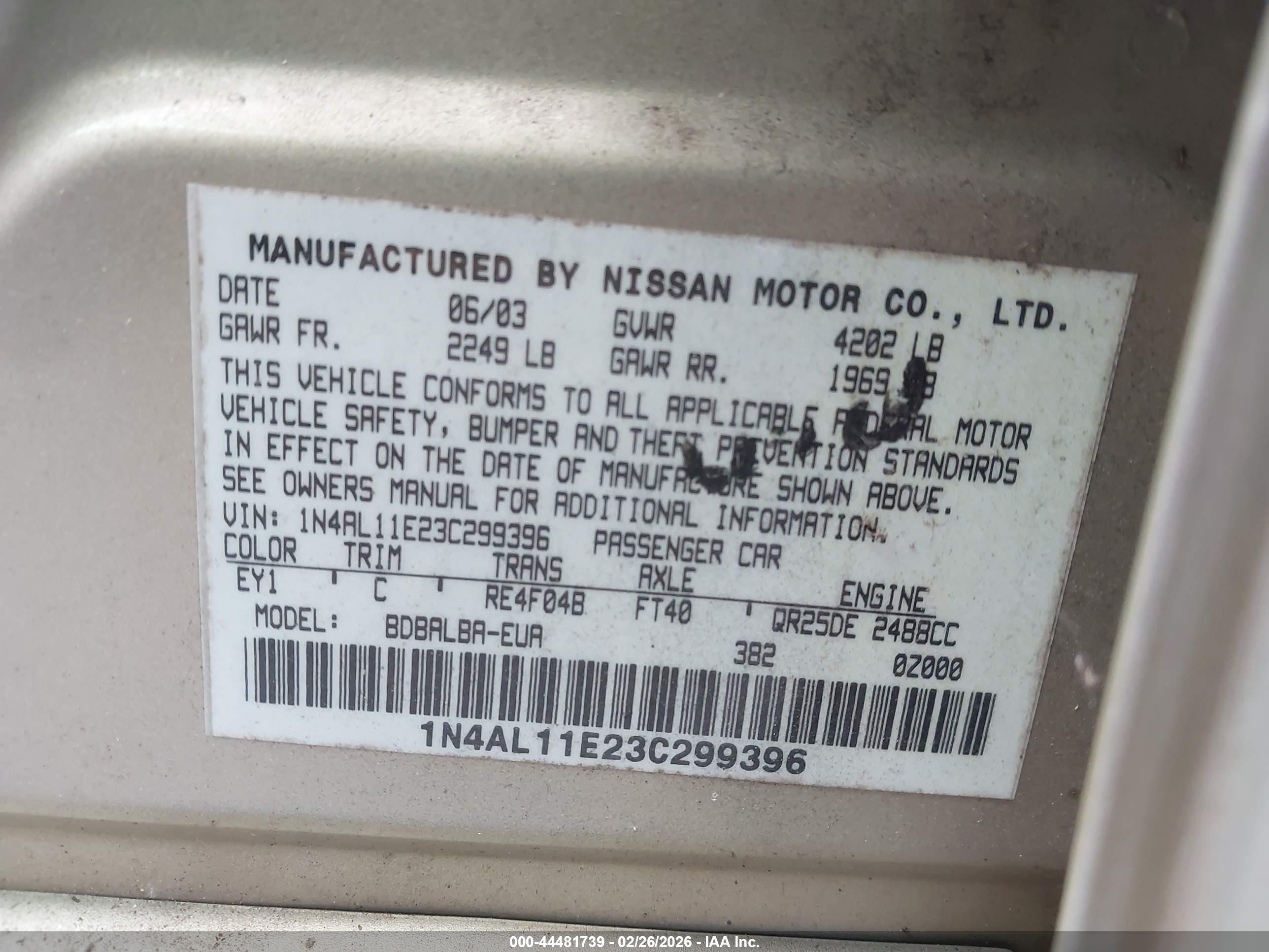 2003 Nissan Altima 2.5 S Золотой vin: 1N4AL11E23C299396