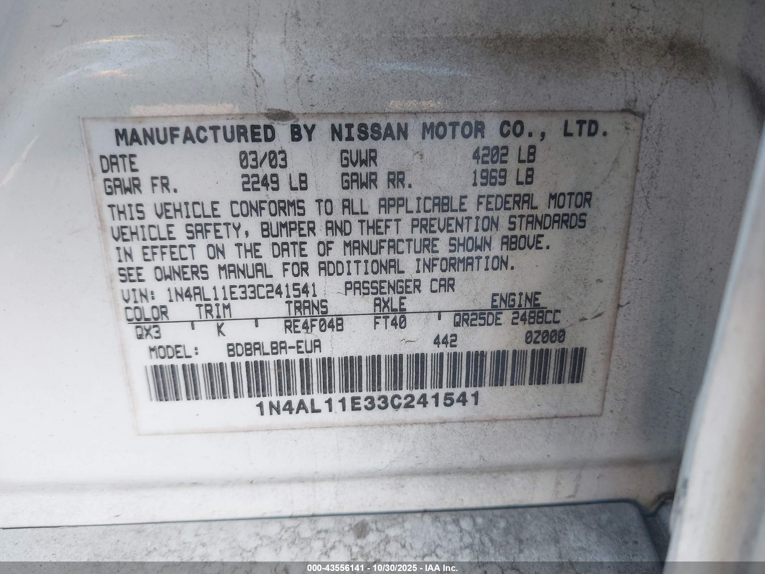 2003 Nissan Altima 2.5 S White vin: 1N4AL11E33C241541