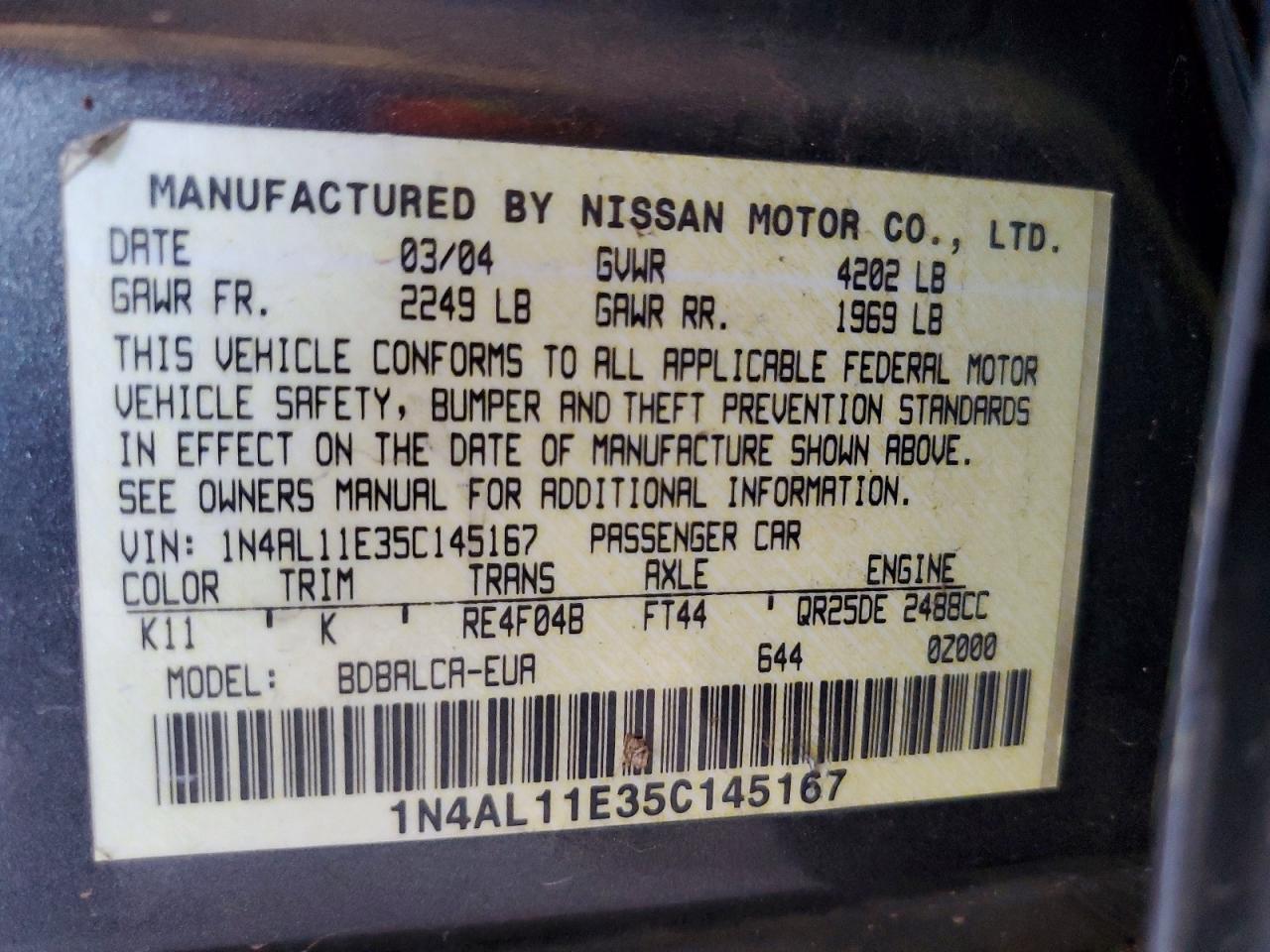 2005 Nissan Altima 2.5 Gray vin: 1N4AL11E35C145167
