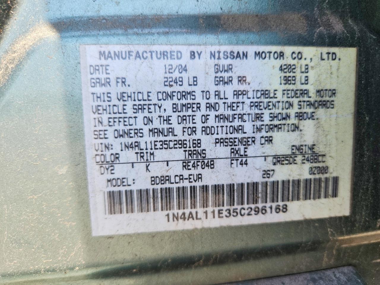 2005 Nissan Altima 2.5 Green vin: 1N4AL11E35C296168