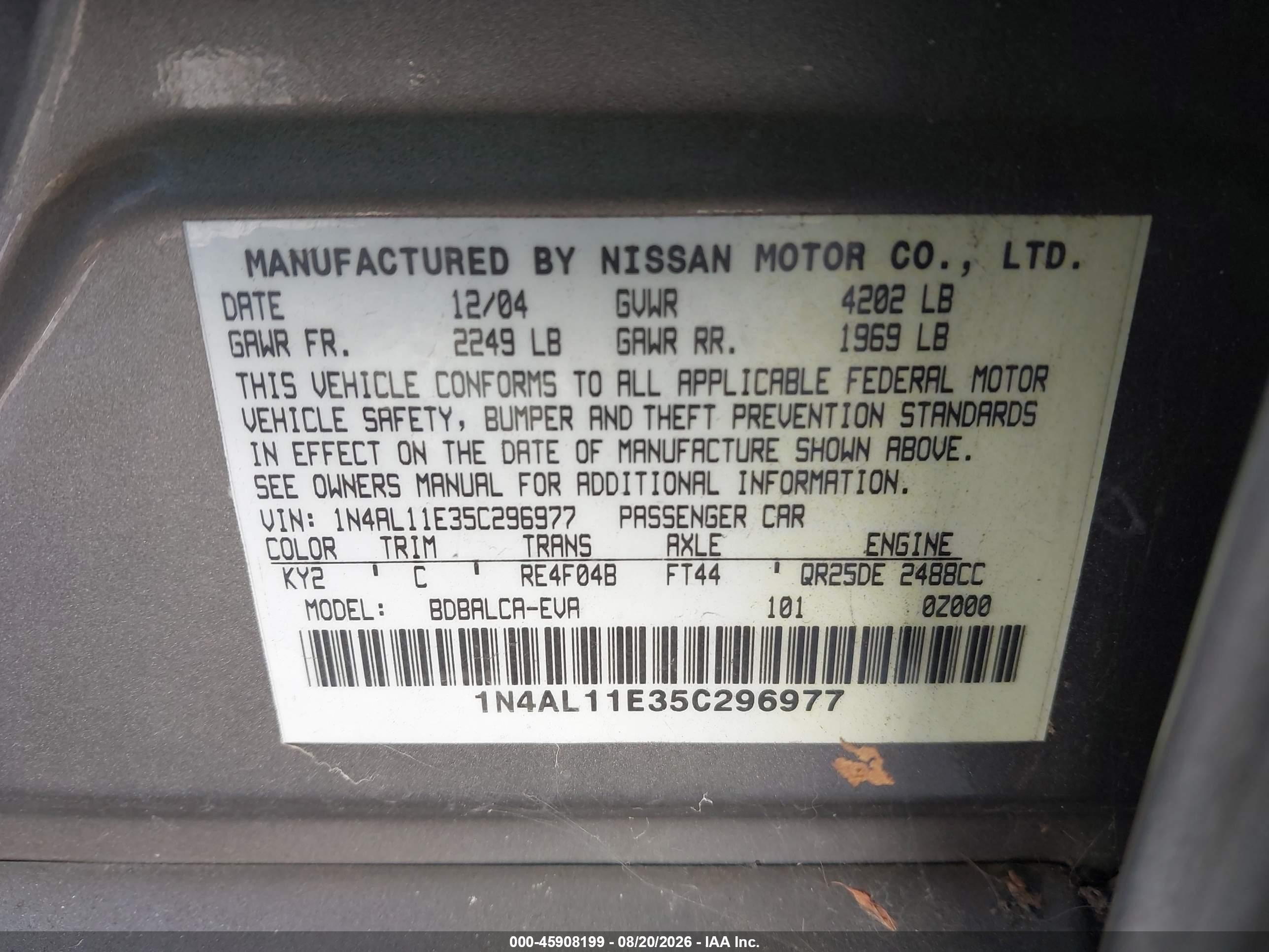 2005 Nissan Altima 2.5 S Gold vin: 1N4AL11E35C296977