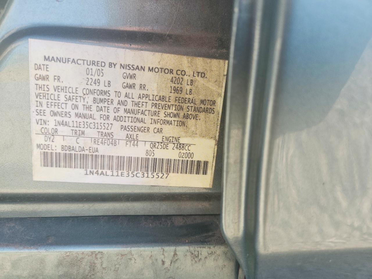 2005 Nissan Altima 2.5 Green vin: 1N4AL11E35C315527