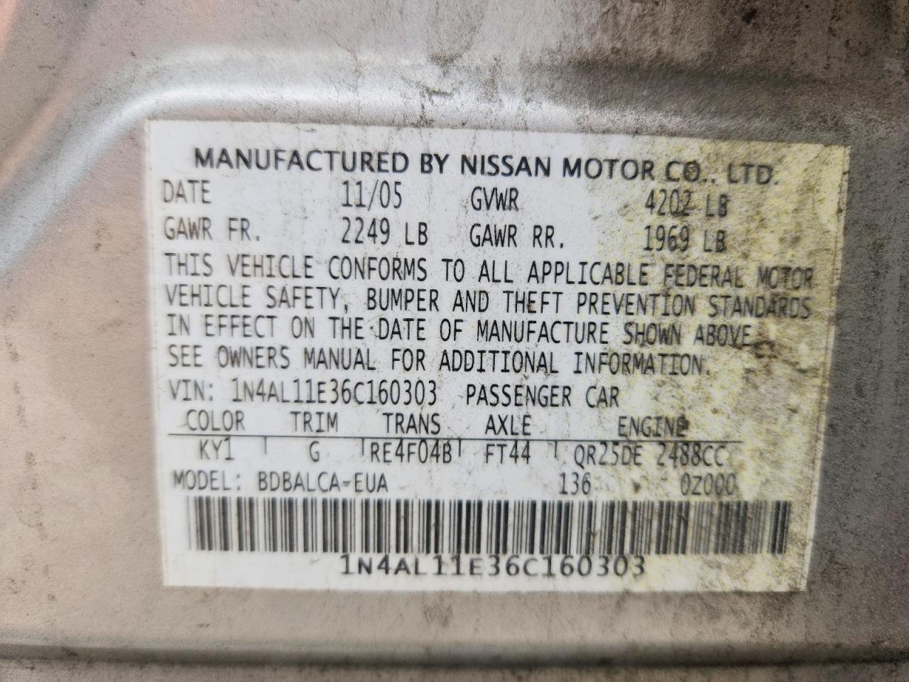 2006 Nissan Altima 2.5 S Серебряный vin: 1N4AL11E36C160303