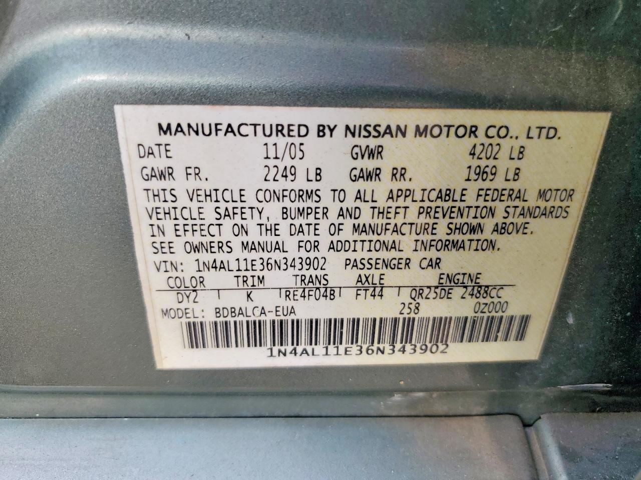 2006 Nissan Altima 2.5 S Green vin: 1N4AL11E36N343902