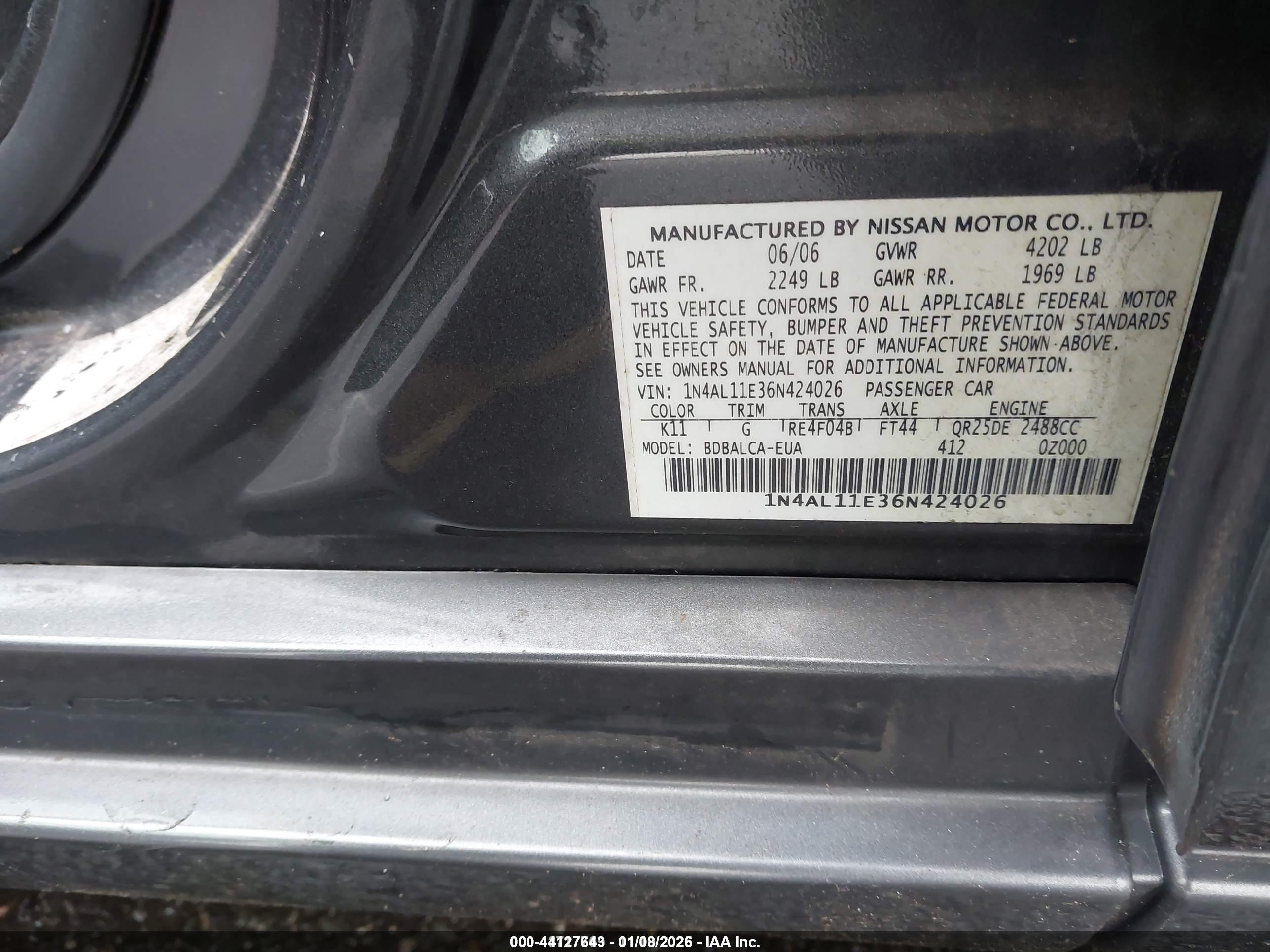 2006 Nissan Altima 2.5 S Gray vin: 1N4AL11E36N424026