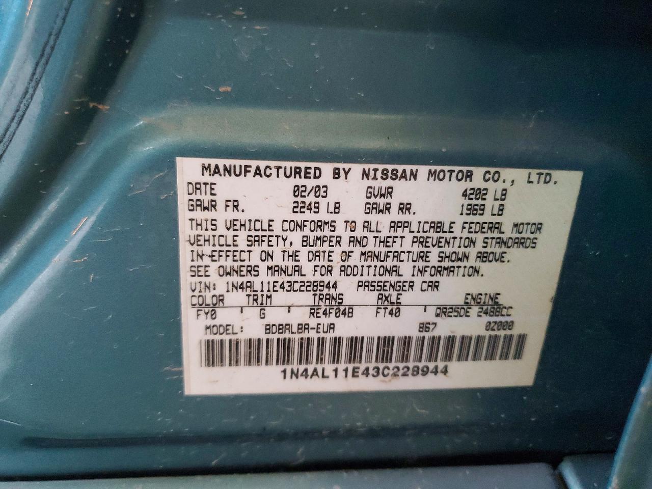 2003 Nissan Altima 2.5 S Blue vin: 1N4AL11E43C228944