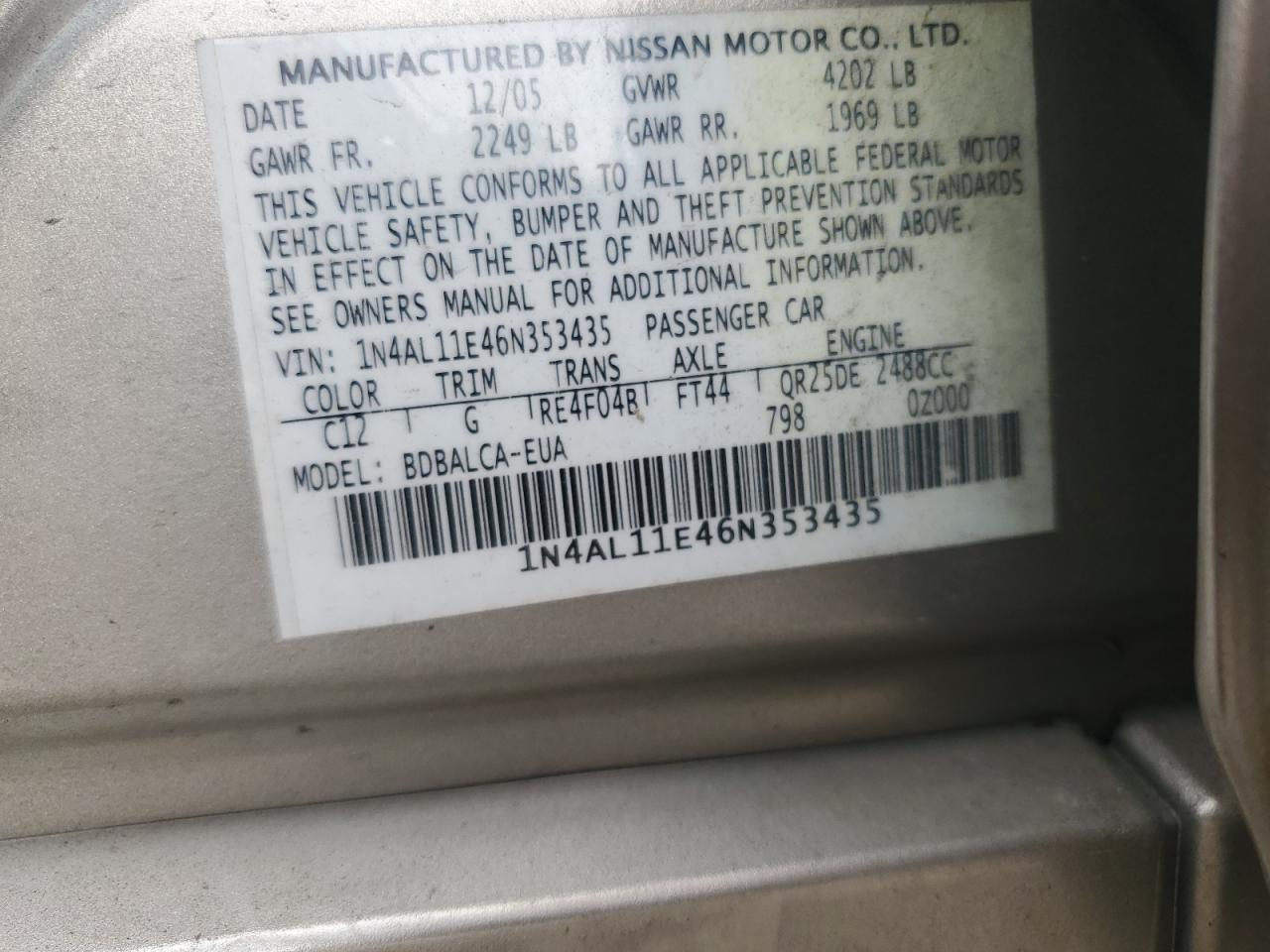 2006 Nissan Altima S Tan vin: 1N4AL11E46N353435
