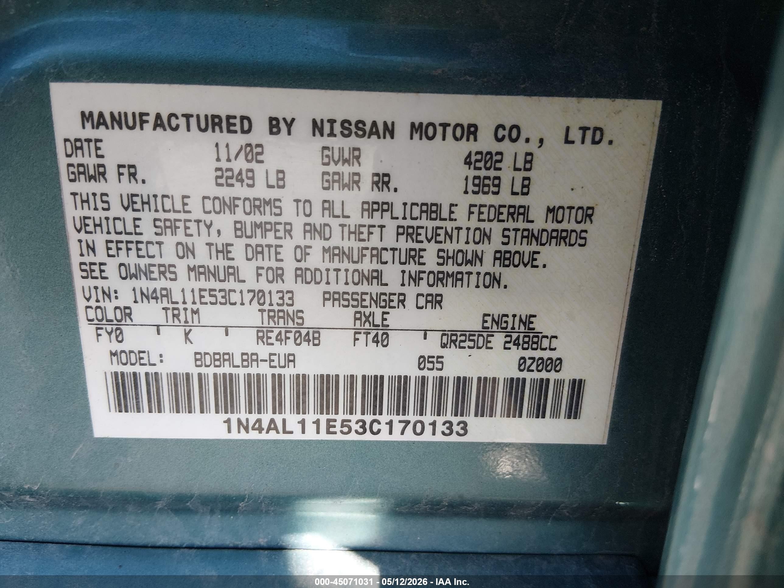 2003 Nissan Altima 2.5 S Blue vin: 1N4AL11E53C170133