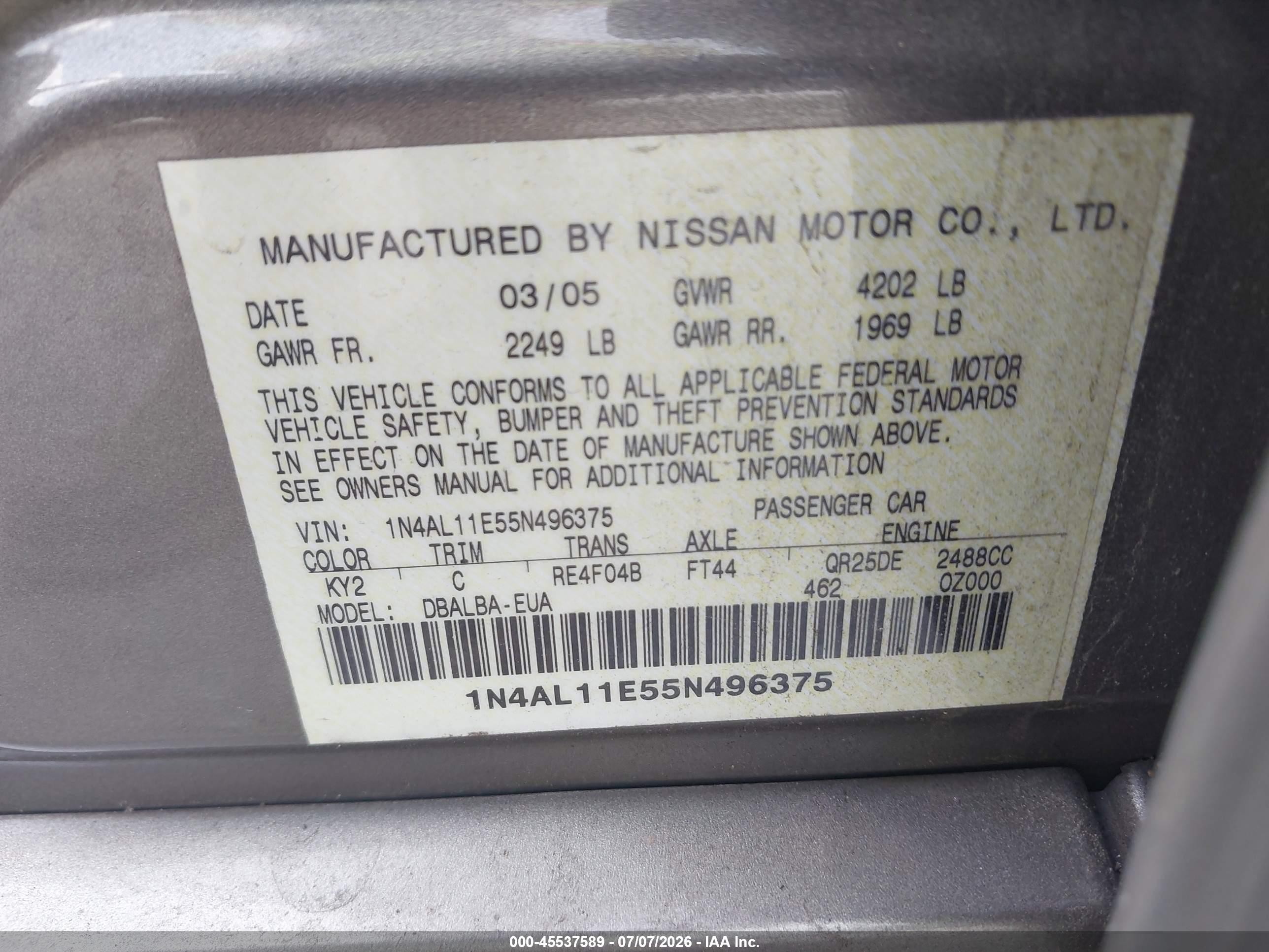 2005 Nissan Altima 2.5 S Gray vin: 1N4AL11E55N496375