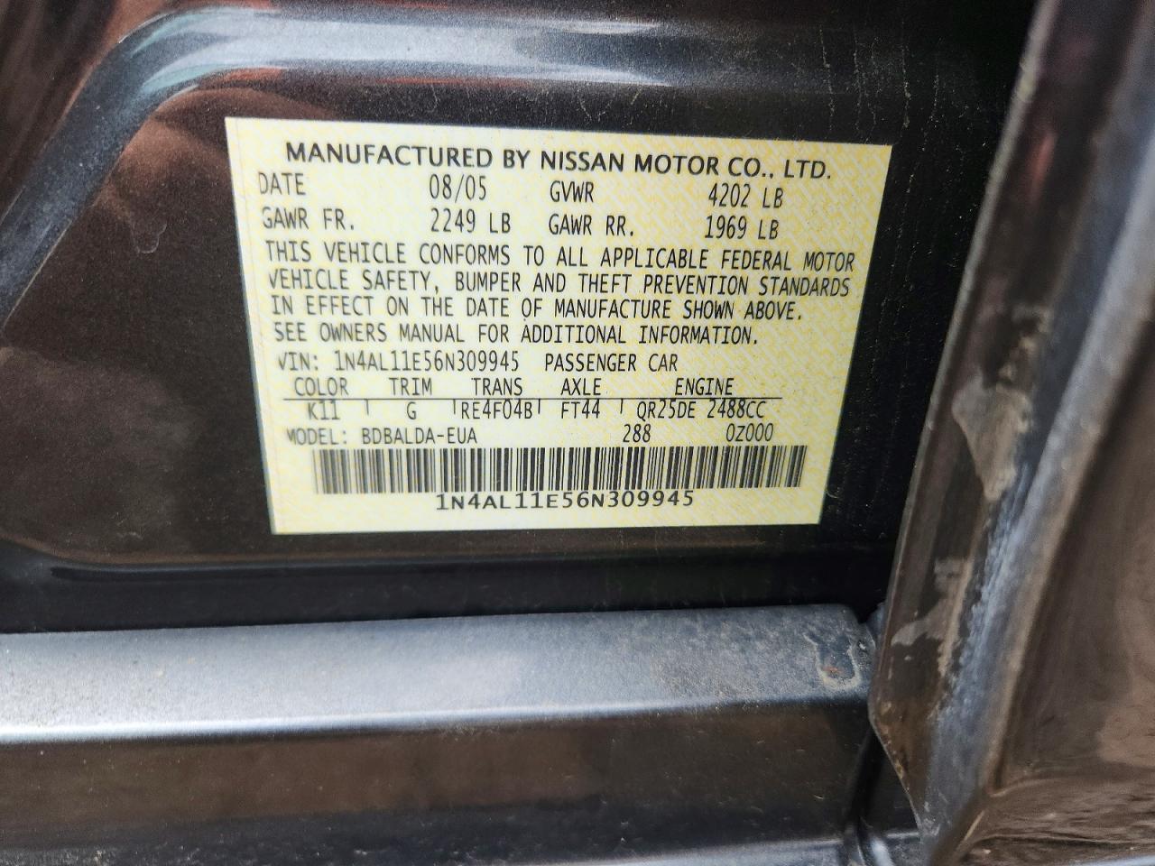 2006 Nissan Altima Gray vin: 1N4AL11E56N309945