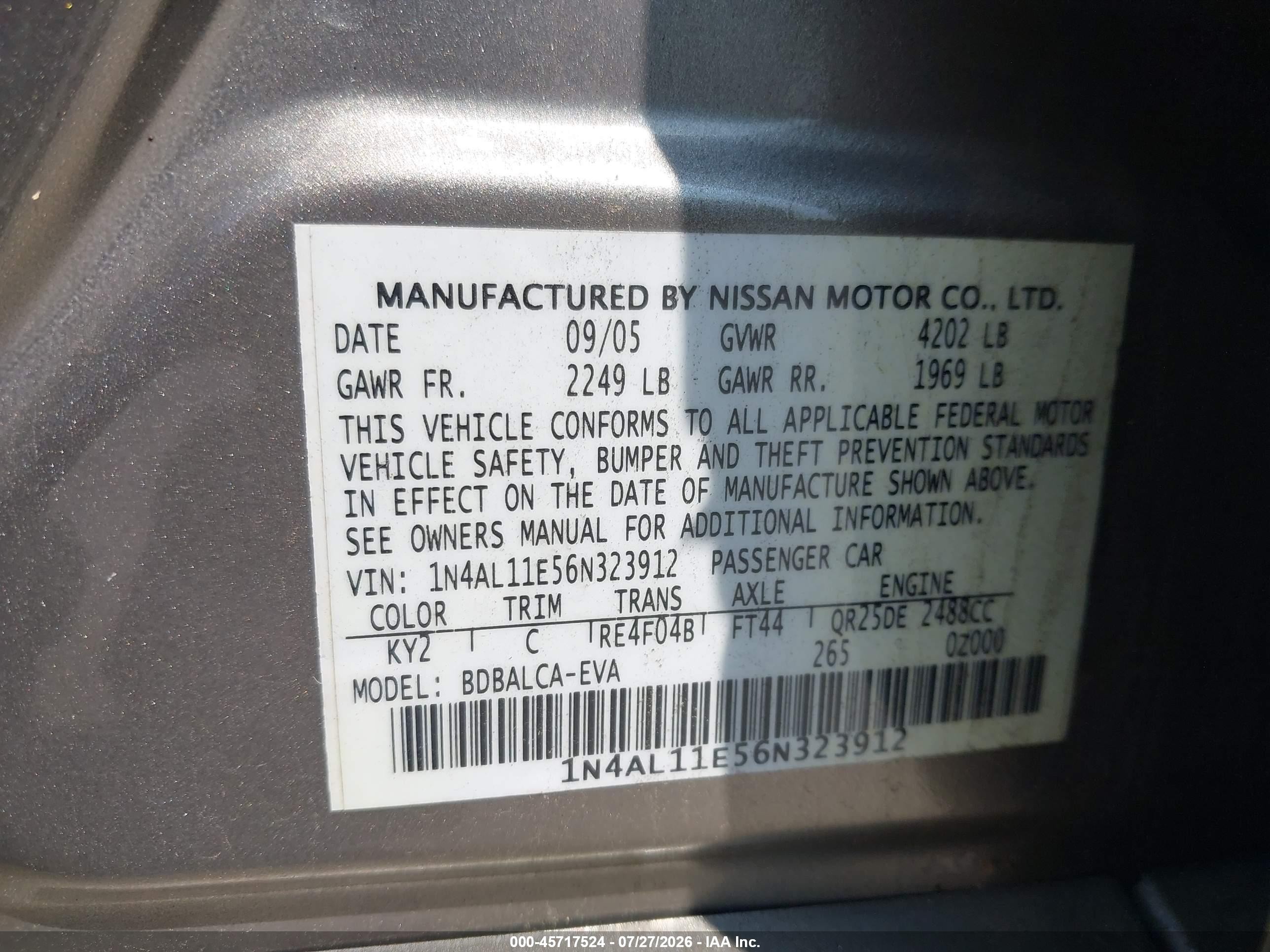 2006 Nissan Altima 2.5 S Gray vin: 1N4AL11E56N323912