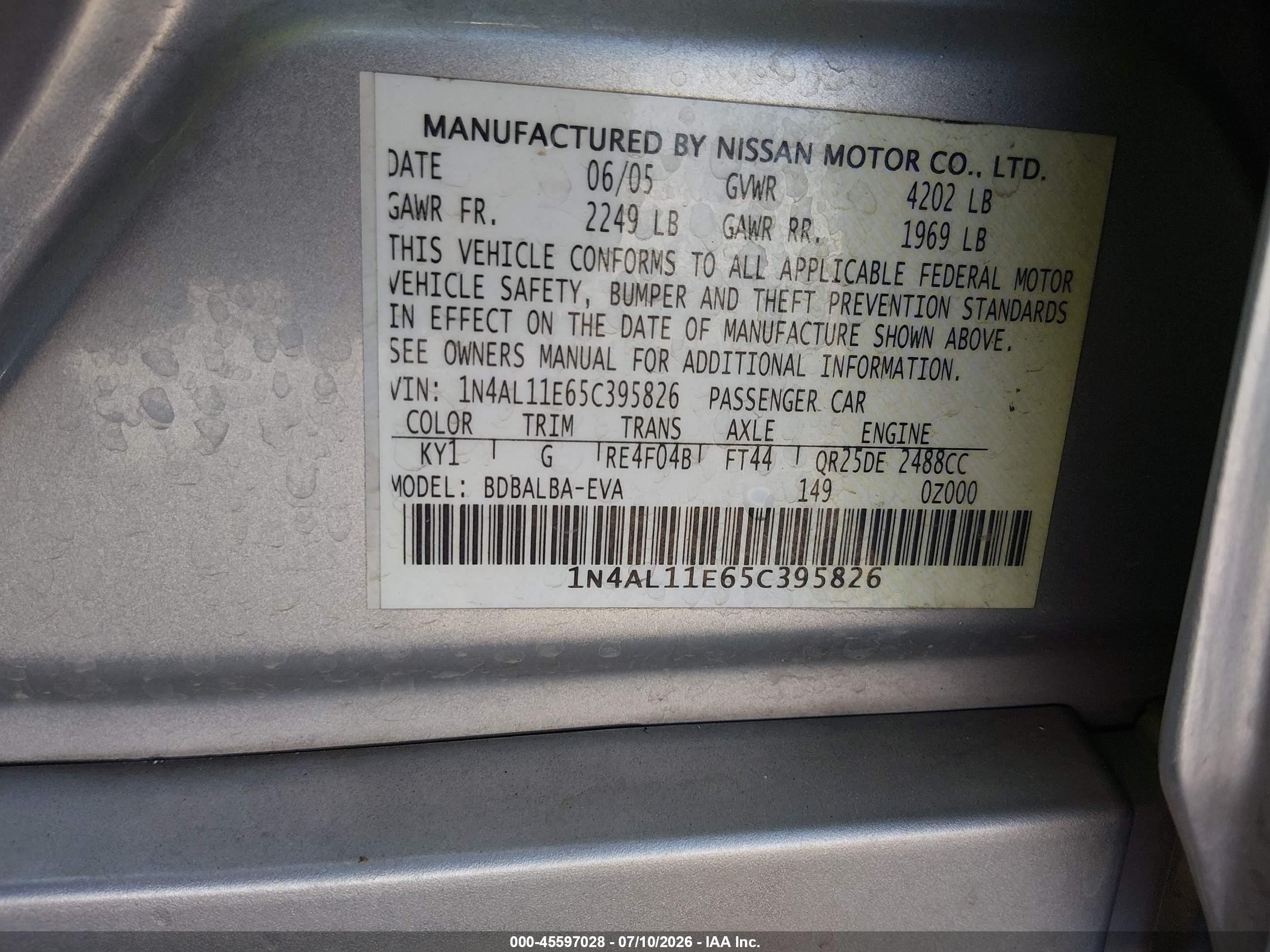 2005 Nissan Altima 2.5 S Silver vin: 1N4AL11E65C395826