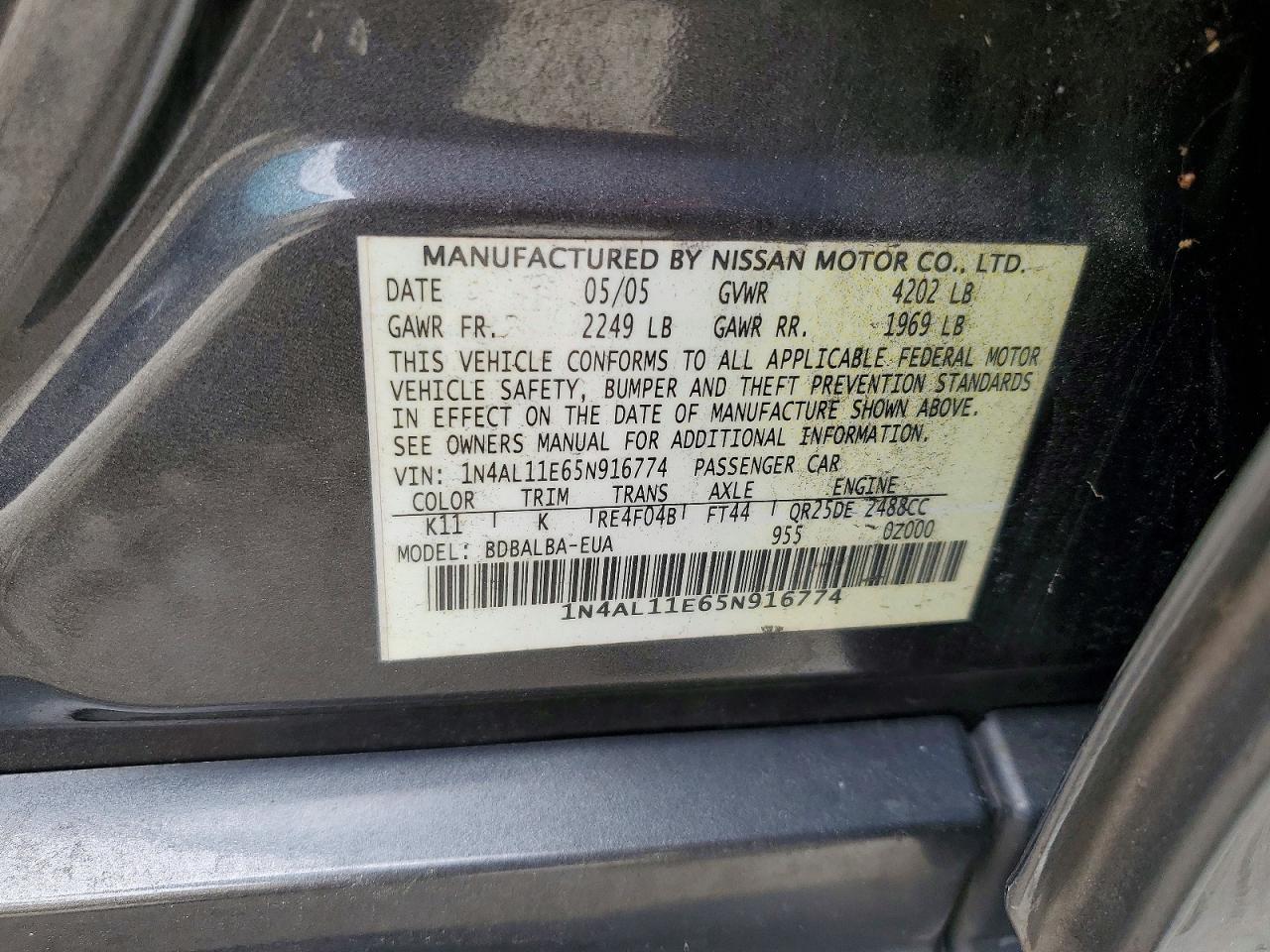 2005 Nissan Altima 2.5 Gray vin: 1N4AL11E65N916774