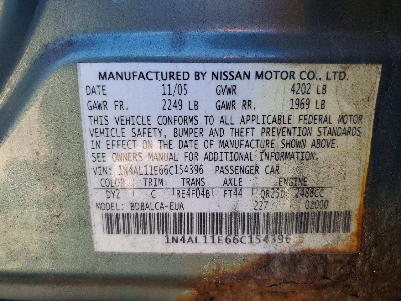 2006 Nissan Altima Green vin: 1N4AL11E66C154396