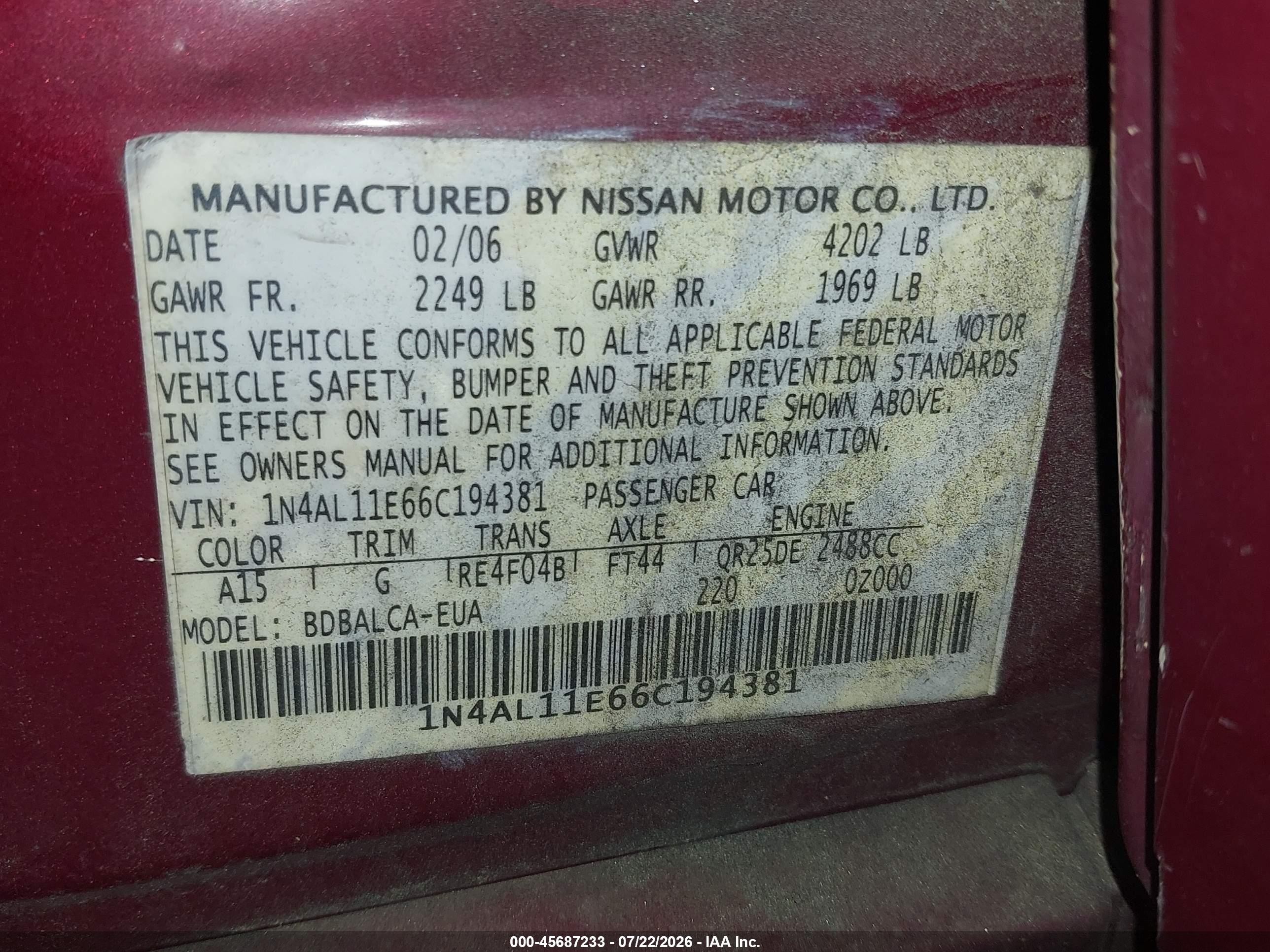 2006 Nissan Altima 2.5 S Maroon vin: 1N4AL11E66C194381
