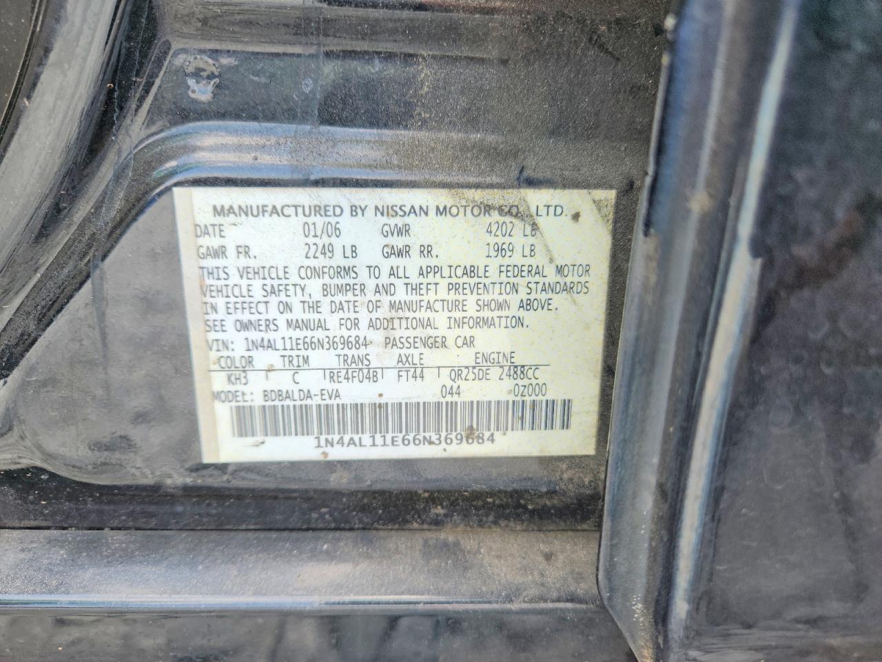 2006 Nissan Altima 2.5 S Black vin: 1N4AL11E66N369684