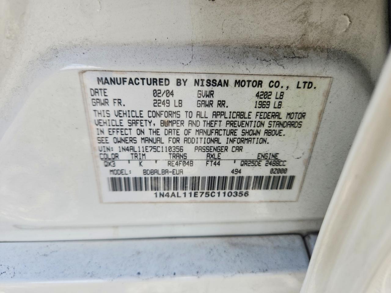 2005 Nissan Altima 2.5 White vin: 1N4AL11E75C110356