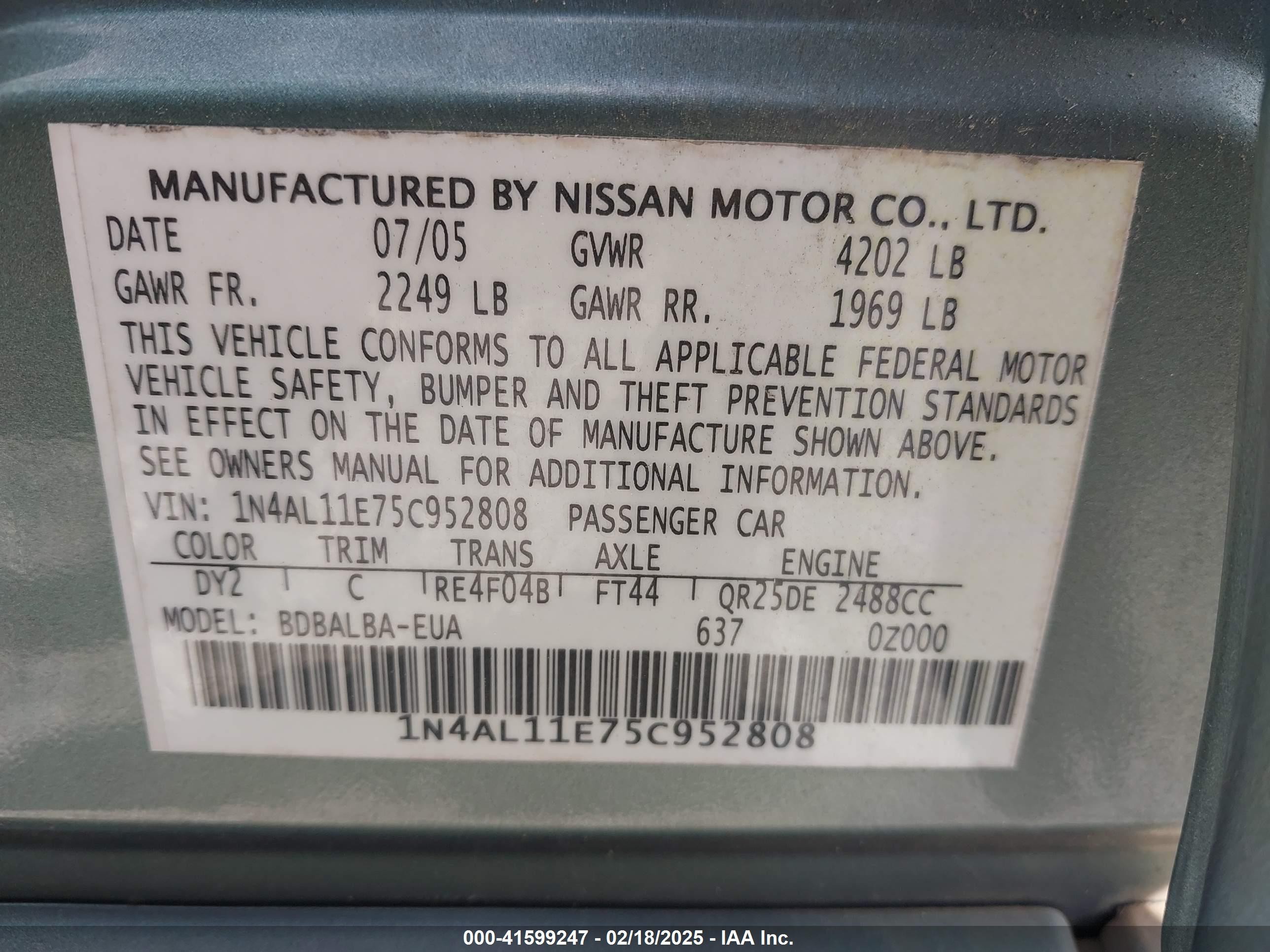 2005 Nissan Altima 2.5 S Green vin: 1N4AL11E75C952808