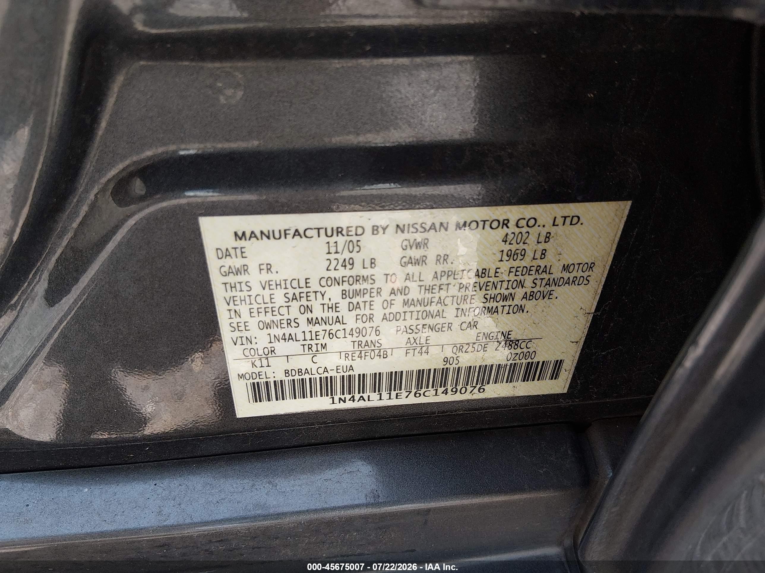 2006 Nissan Altima 2.5 S Gray vin: 1N4AL11E76C149076