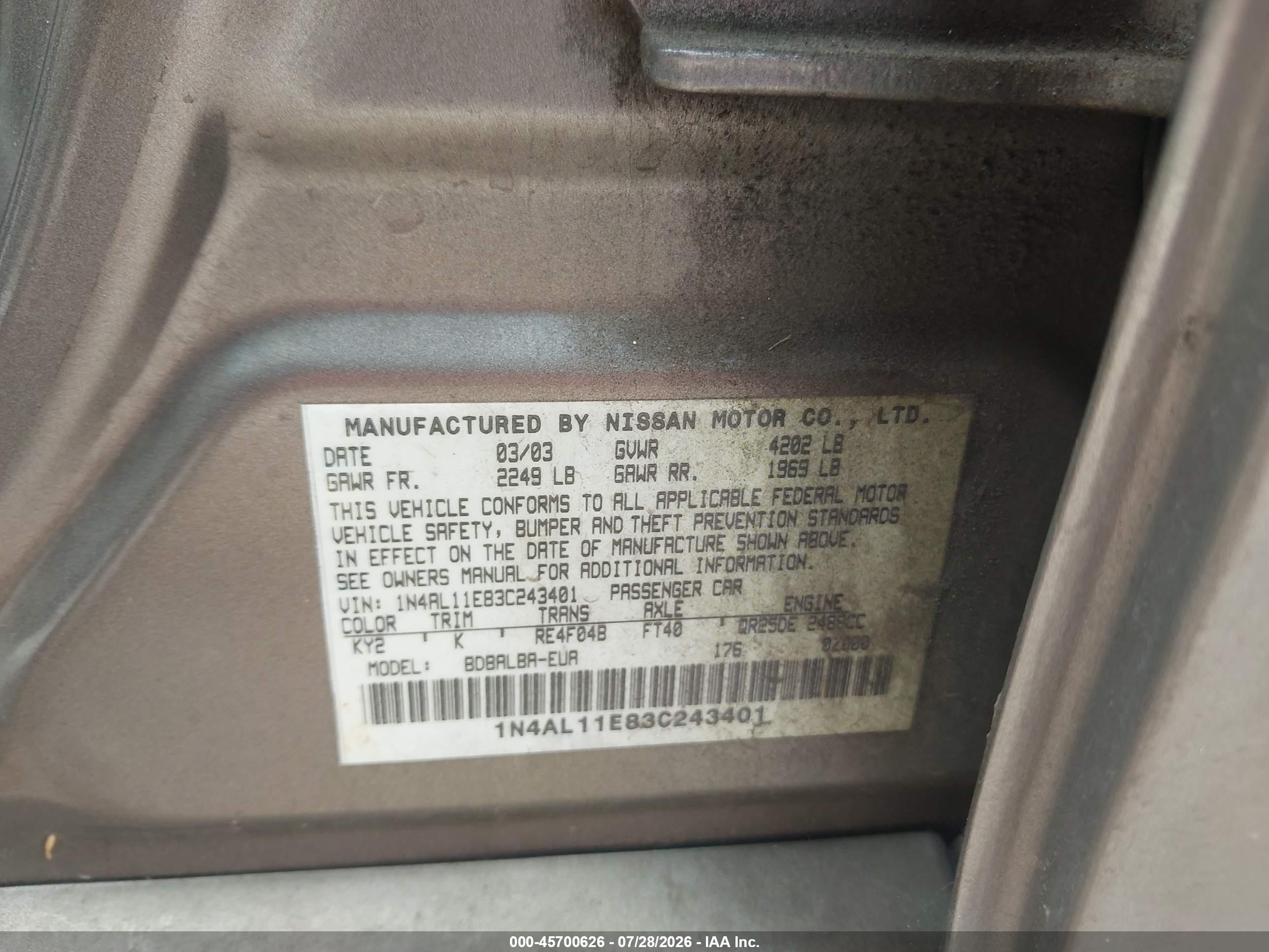 2003 Nissan Altima 2.5 S Brown vin: 1N4AL11E83C243401
