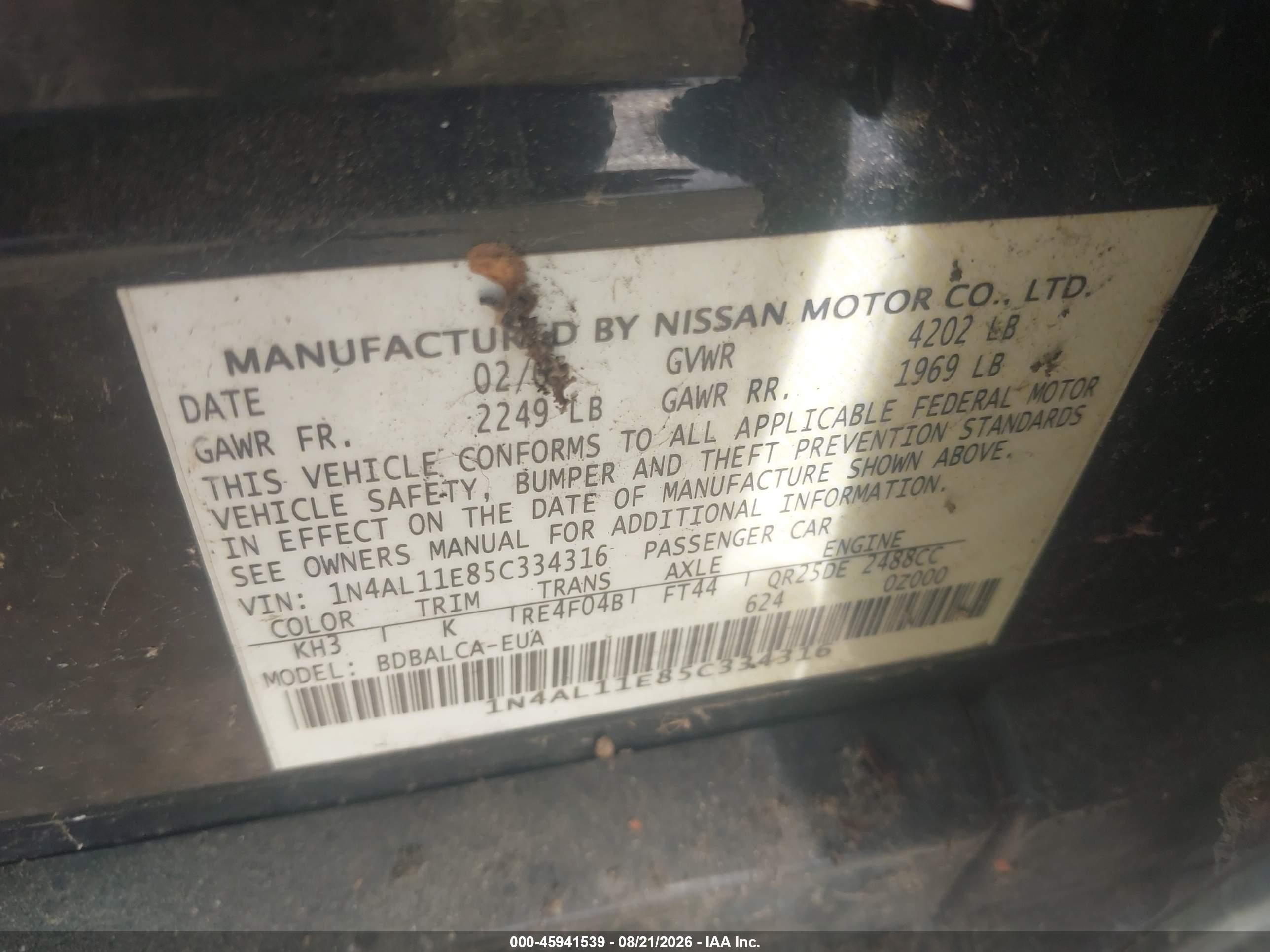 2005 Nissan Altima 2.5 S Black vin: 1N4AL11E85C334316
