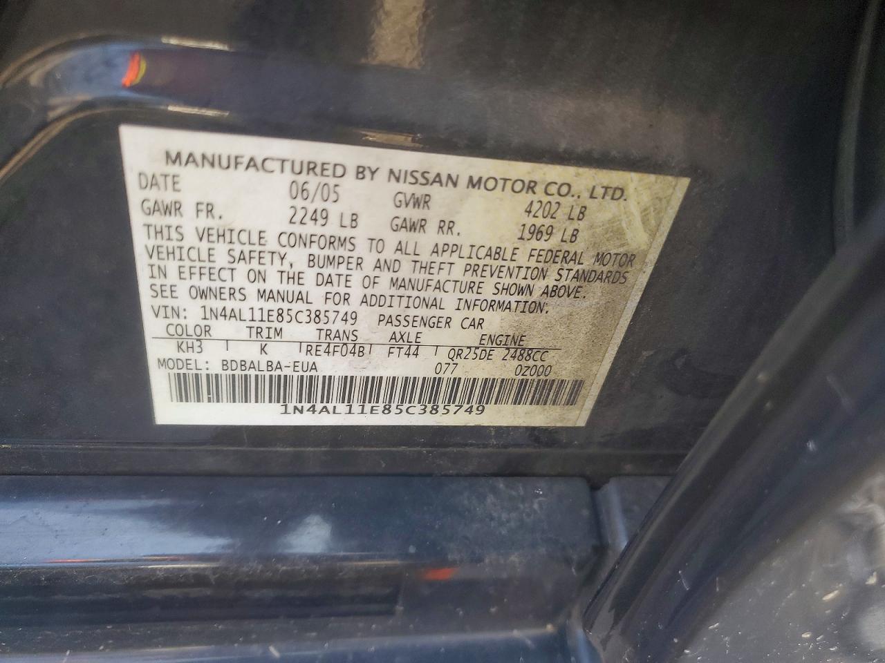 2005 Nissan Altima 2.5 Black vin: 1N4AL11E85C385749