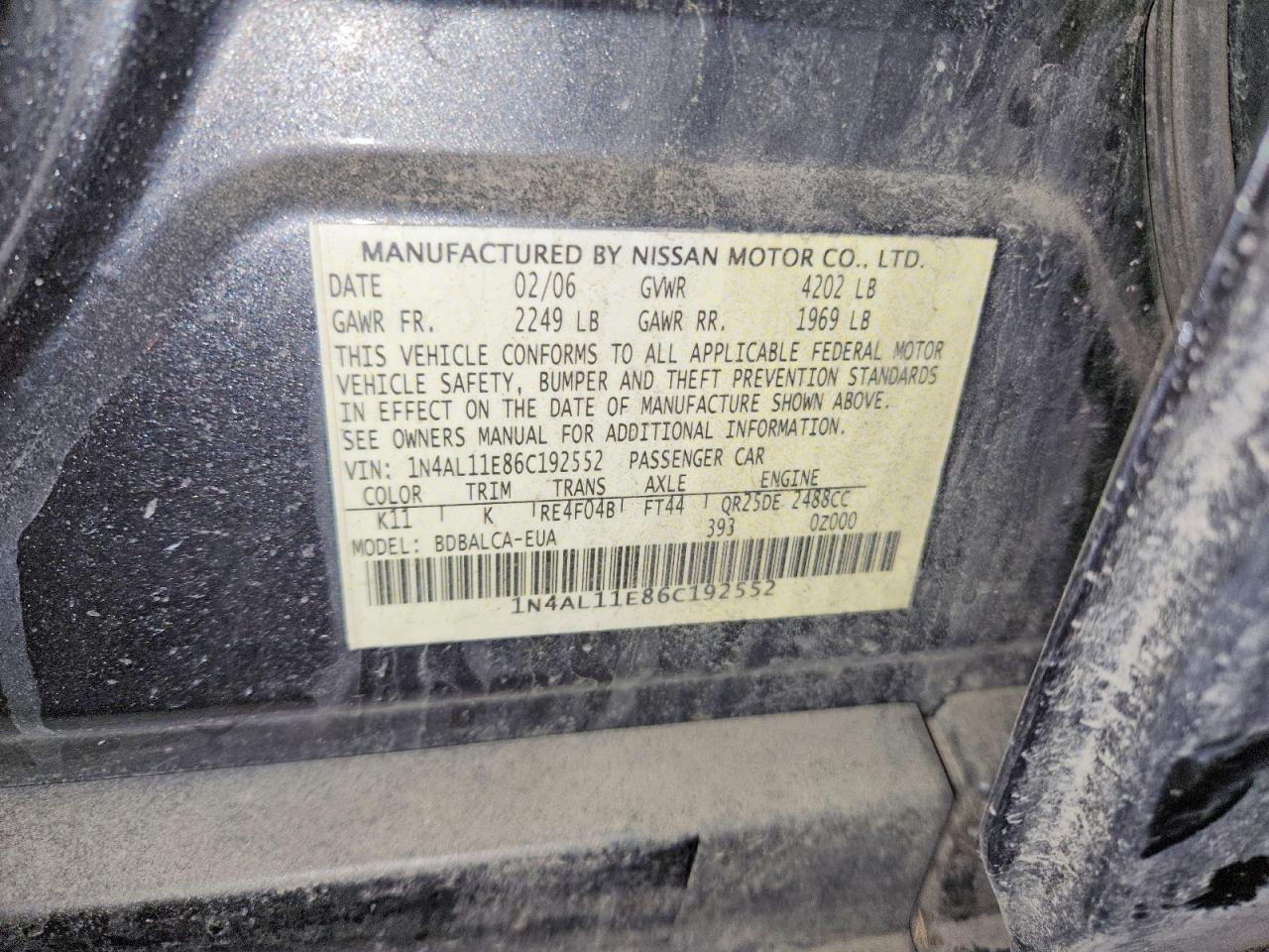 2006 Nissan Altima 2.5 S Black vin: 1N4AL11E86C192552