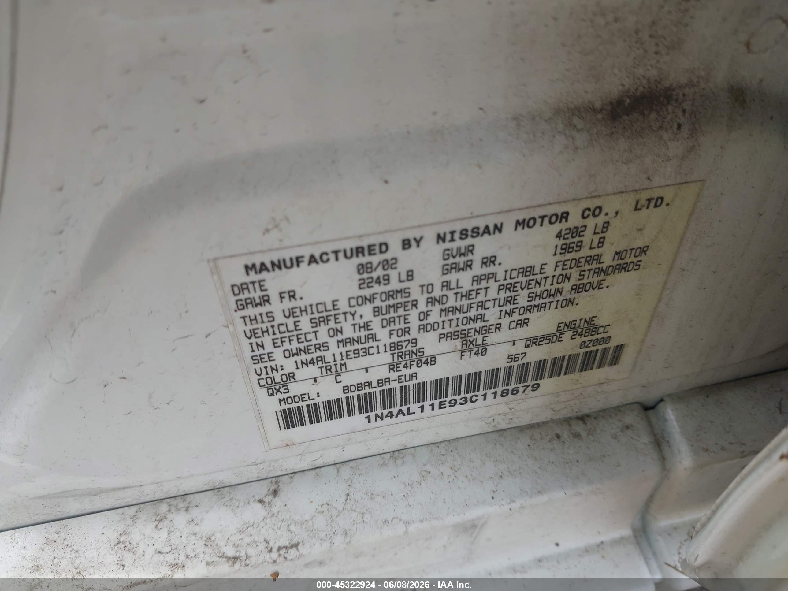 2003 Nissan Altima 2.5 Sl White vin: 1N4AL11E93C118679
