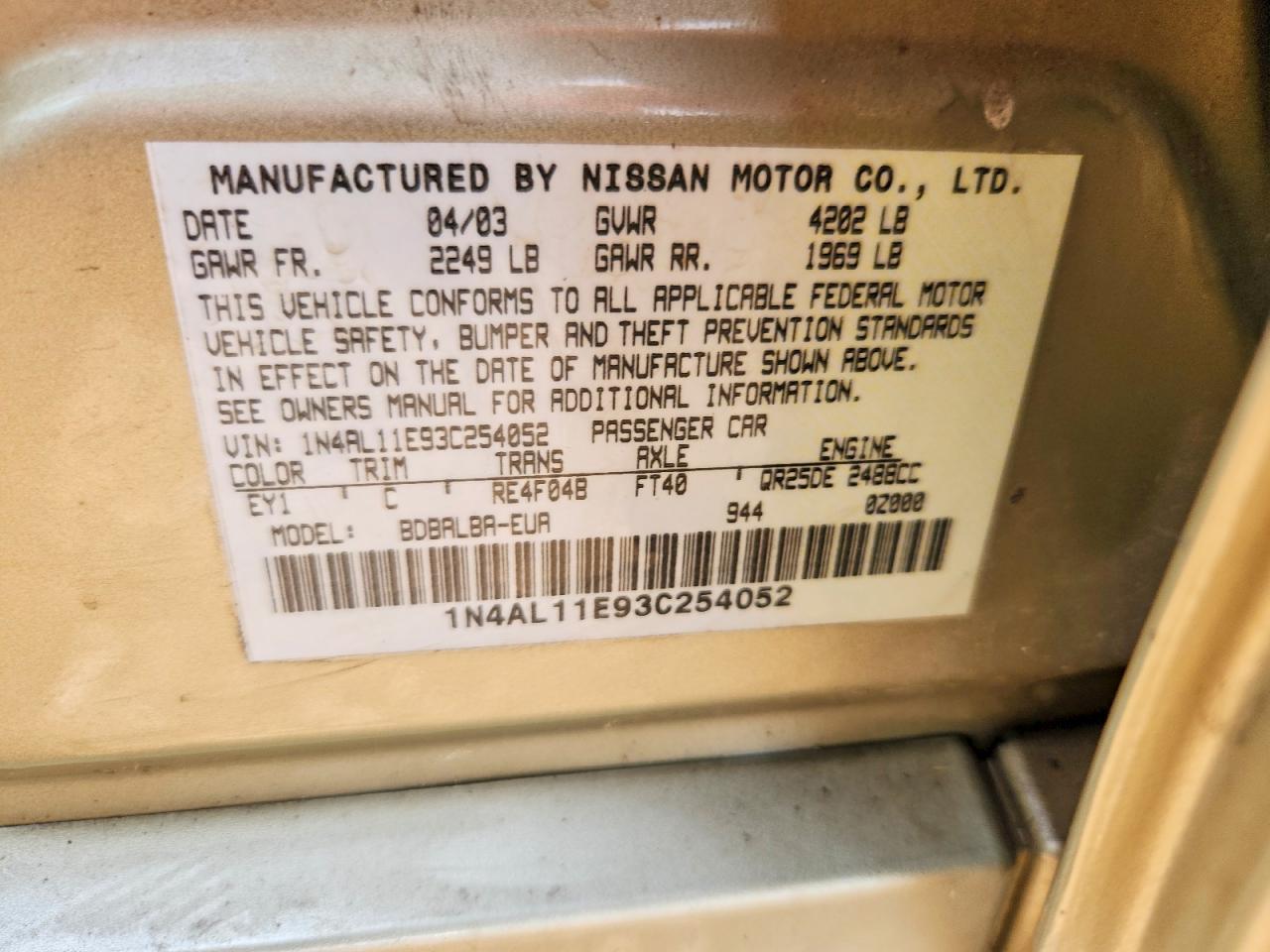 2003 Nissan Altima Base/s/sl Gold vin: 1N4AL11E93C254052