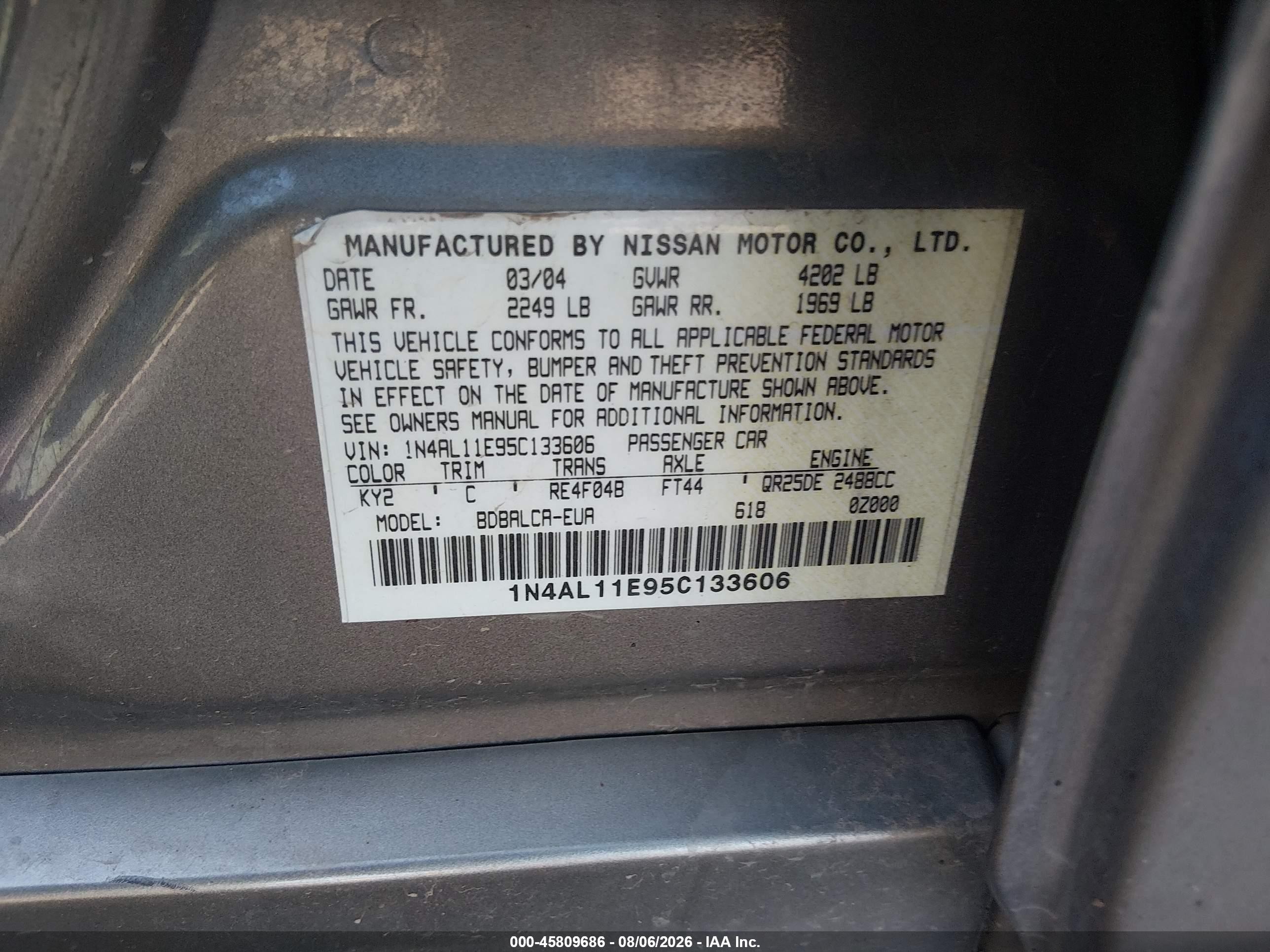 2005 Nissan Altima 2.5 S Бежевый vin: 1N4AL11E95C133606