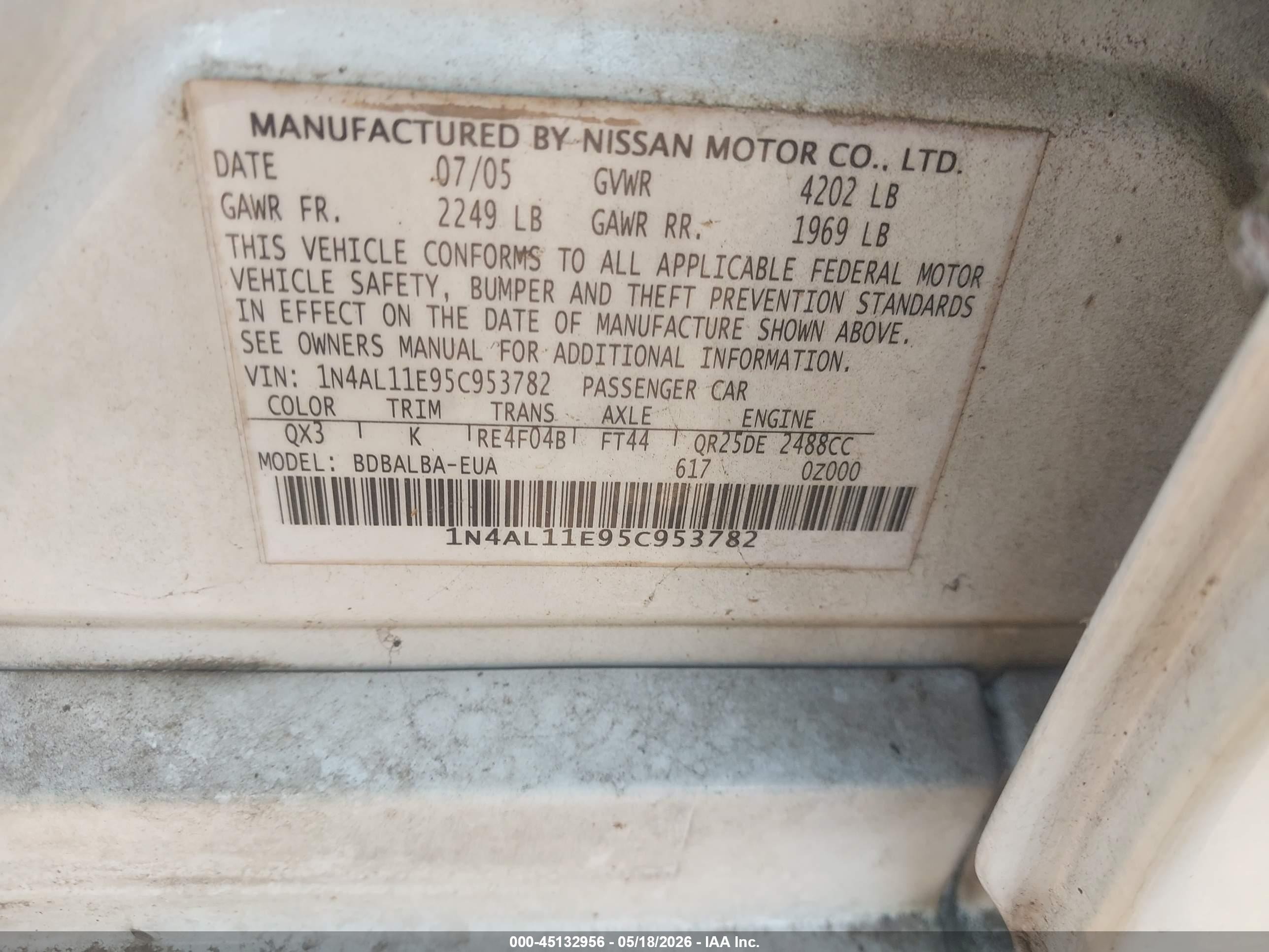 2005 Nissan Altima 2.5 S Белый vin: 1N4AL11E95C953782