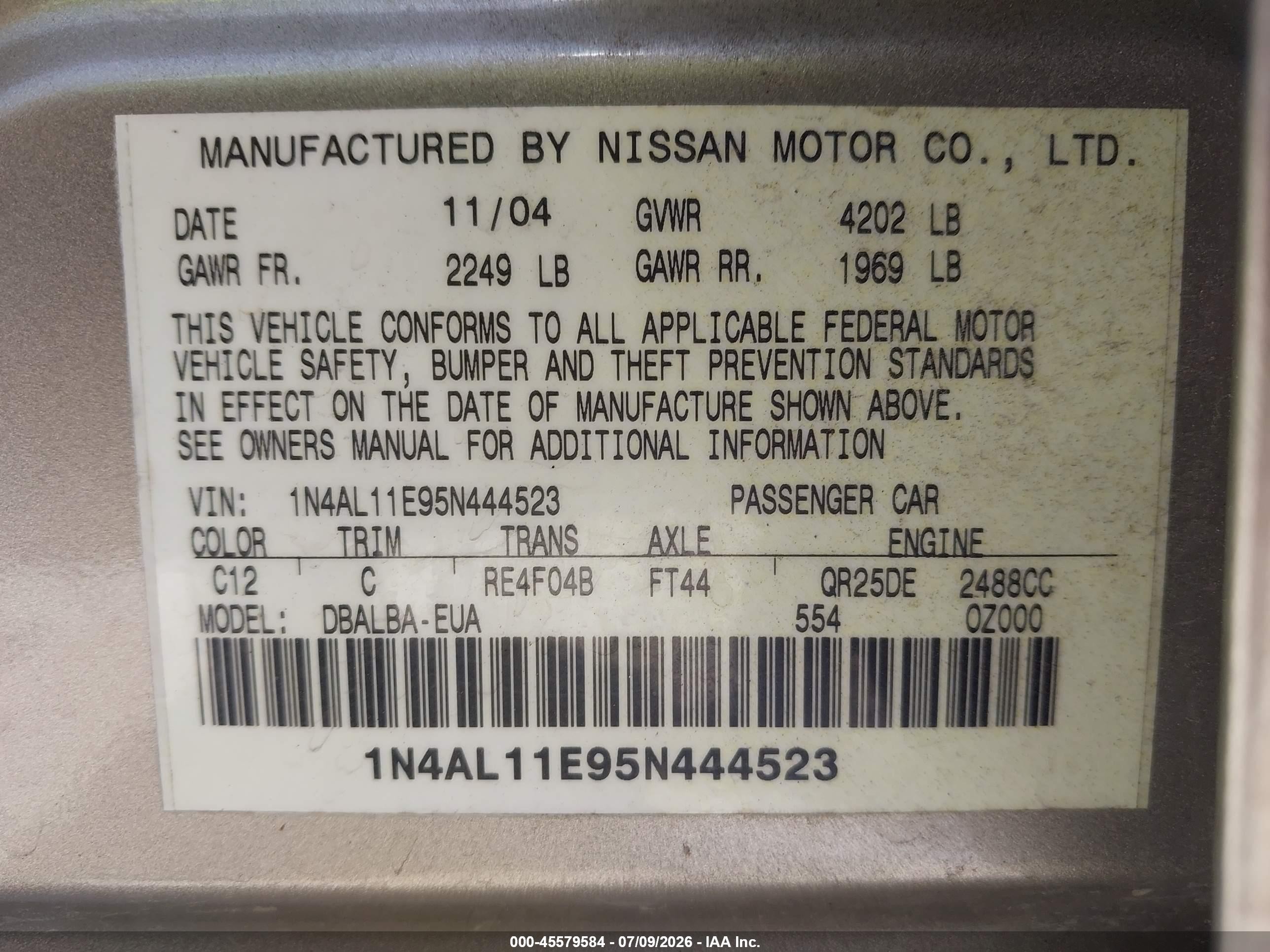 2005 Nissan Altima 2.5 S Beige vin: 1N4AL11E95N444523