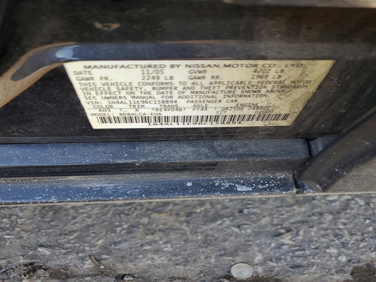 2006 Nissan Altima 2.5 S Черный vin: 1N4AL11E96C158894