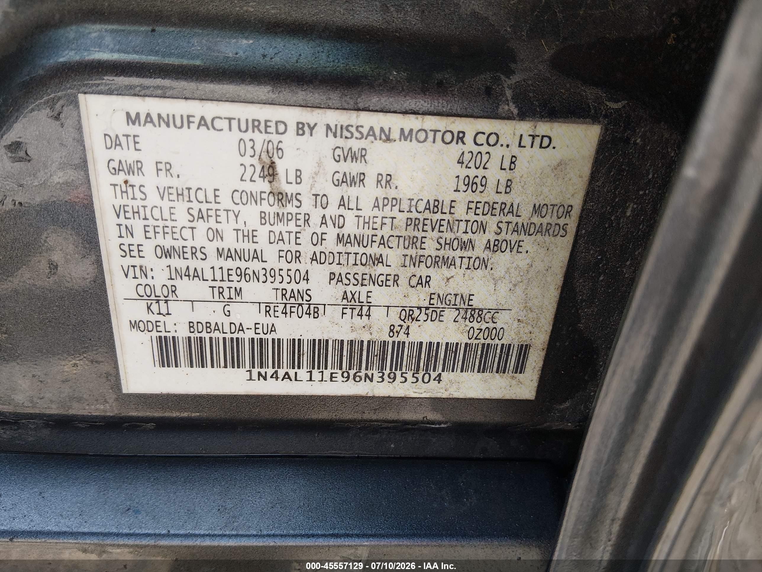 2006 Nissan Altima 2.5 S Серый vin: 1N4AL11E96N395504
