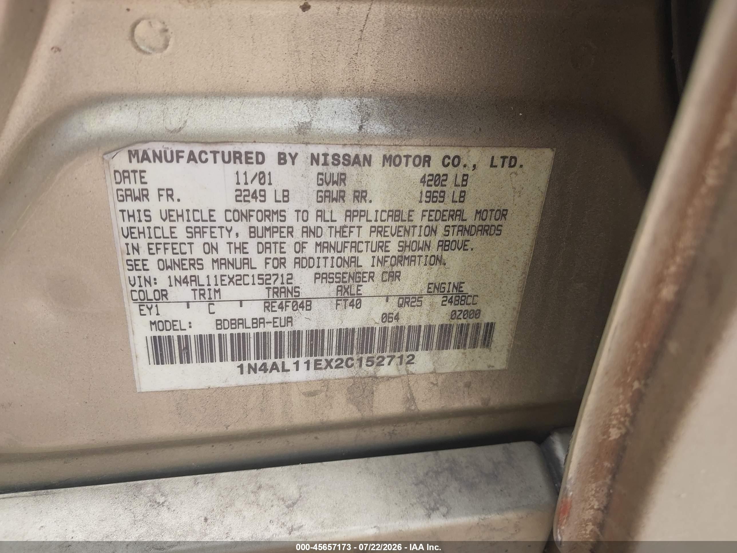 2002 Nissan Altima 2.5 S Beige vin: 1N4AL11EX2C152712