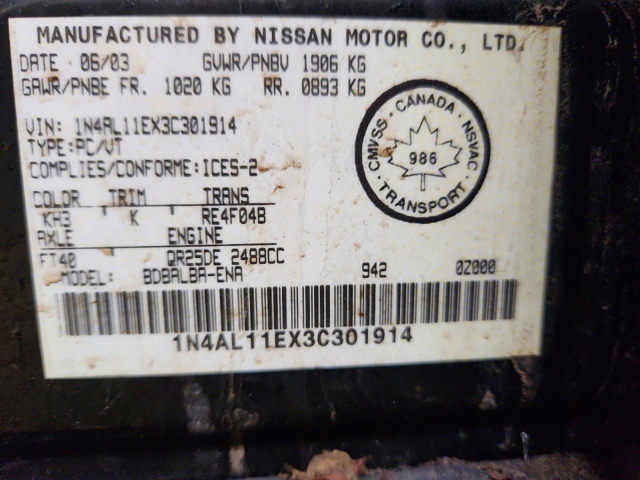 2003 Nissan Altima 2.5 S Black vin: 1N4AL11EX3C301914