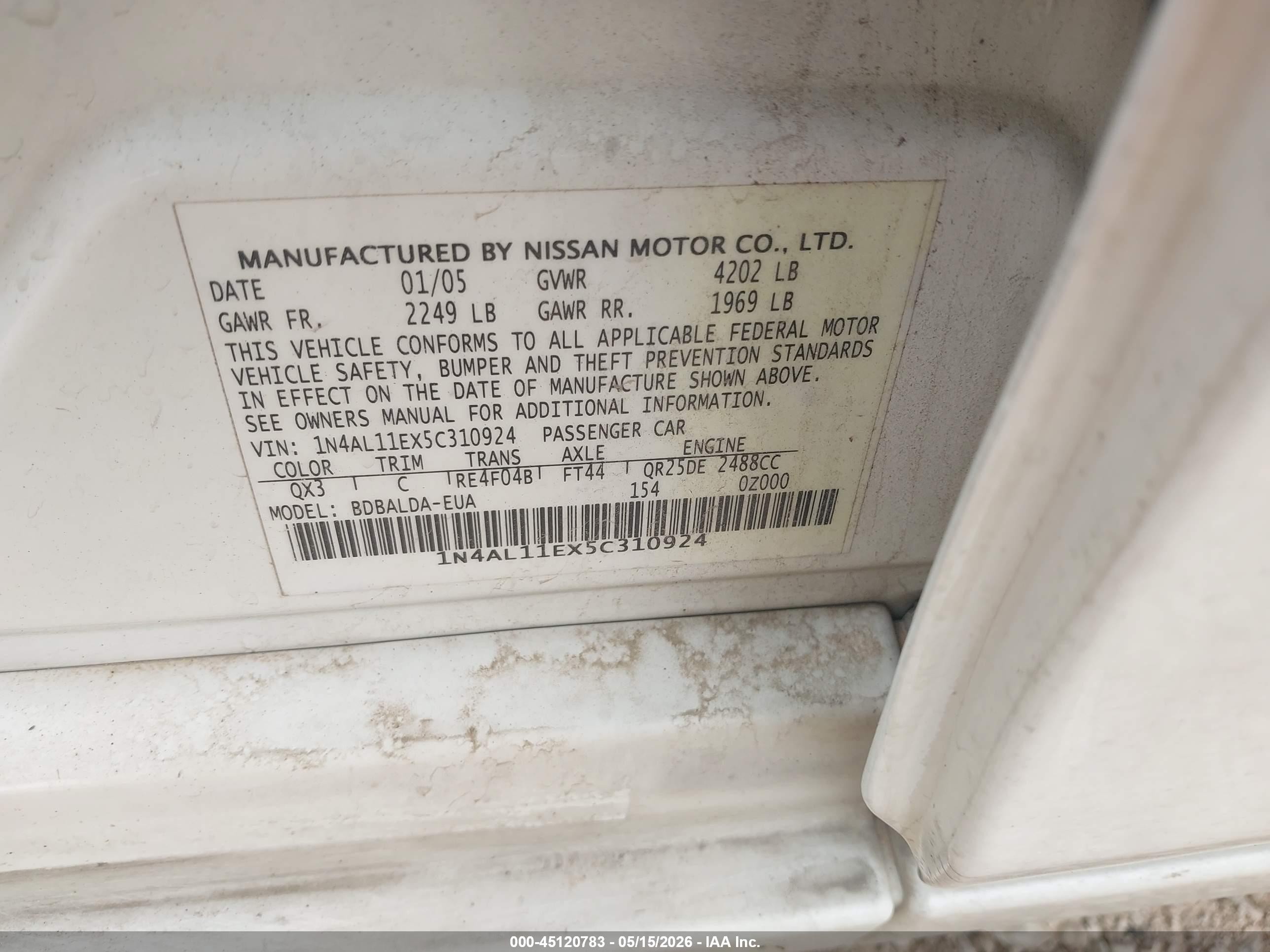 2005 Nissan Altima 2.5 S White vin: 1N4AL11EX5C310924