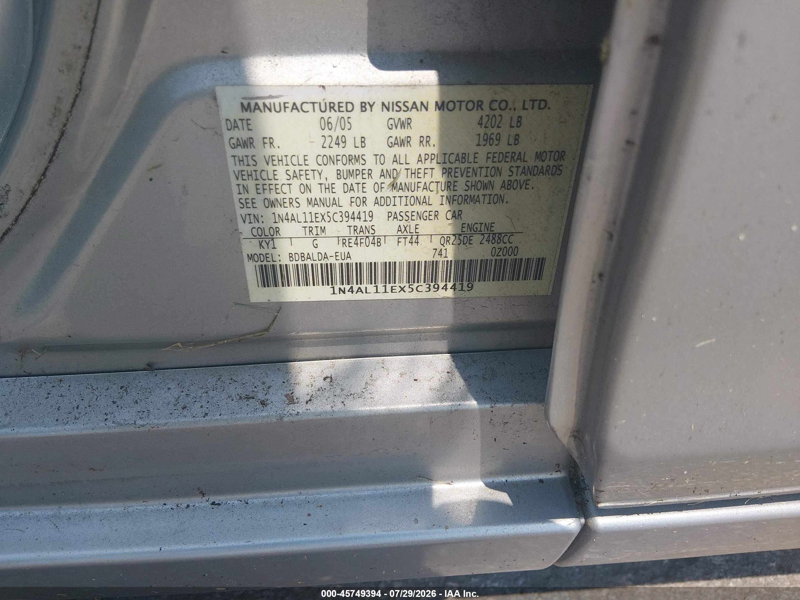 2005 Nissan Altima 2.5 S Silver vin: 1N4AL11EX5C394419