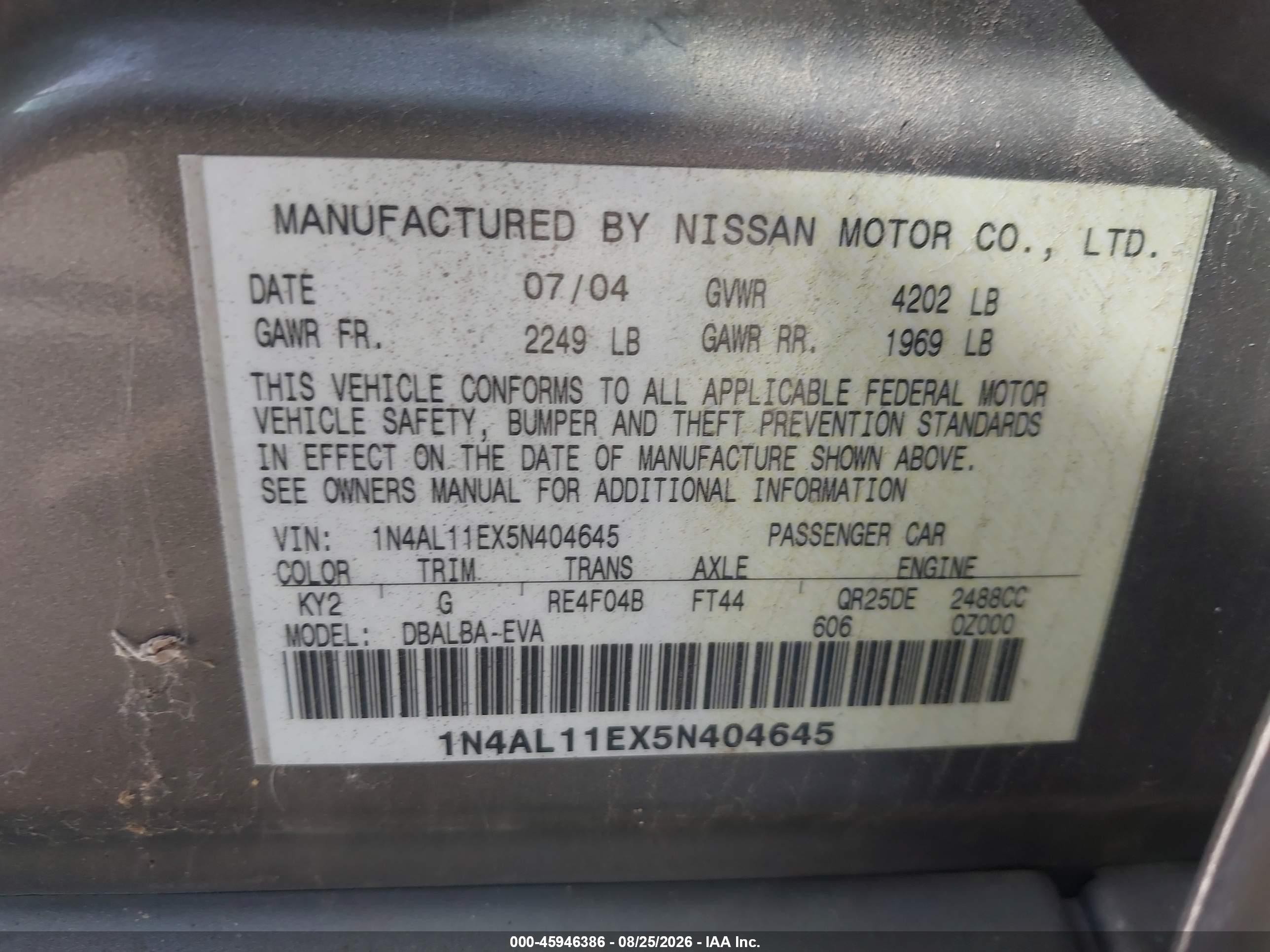 2005 Nissan Altima 2.5 S Gray vin: 1N4AL11EX5N404645