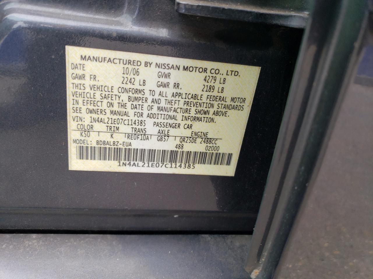 2007 Nissan Altima 2.5 Gray vin: 1N4AL21E07C114385