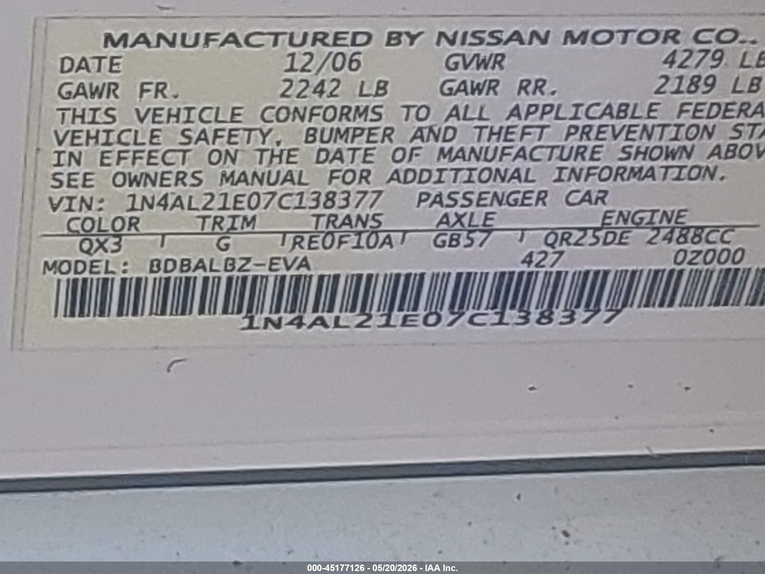2007 Nissan Altima 2.5 S White vin: 1N4AL21E07C138377
