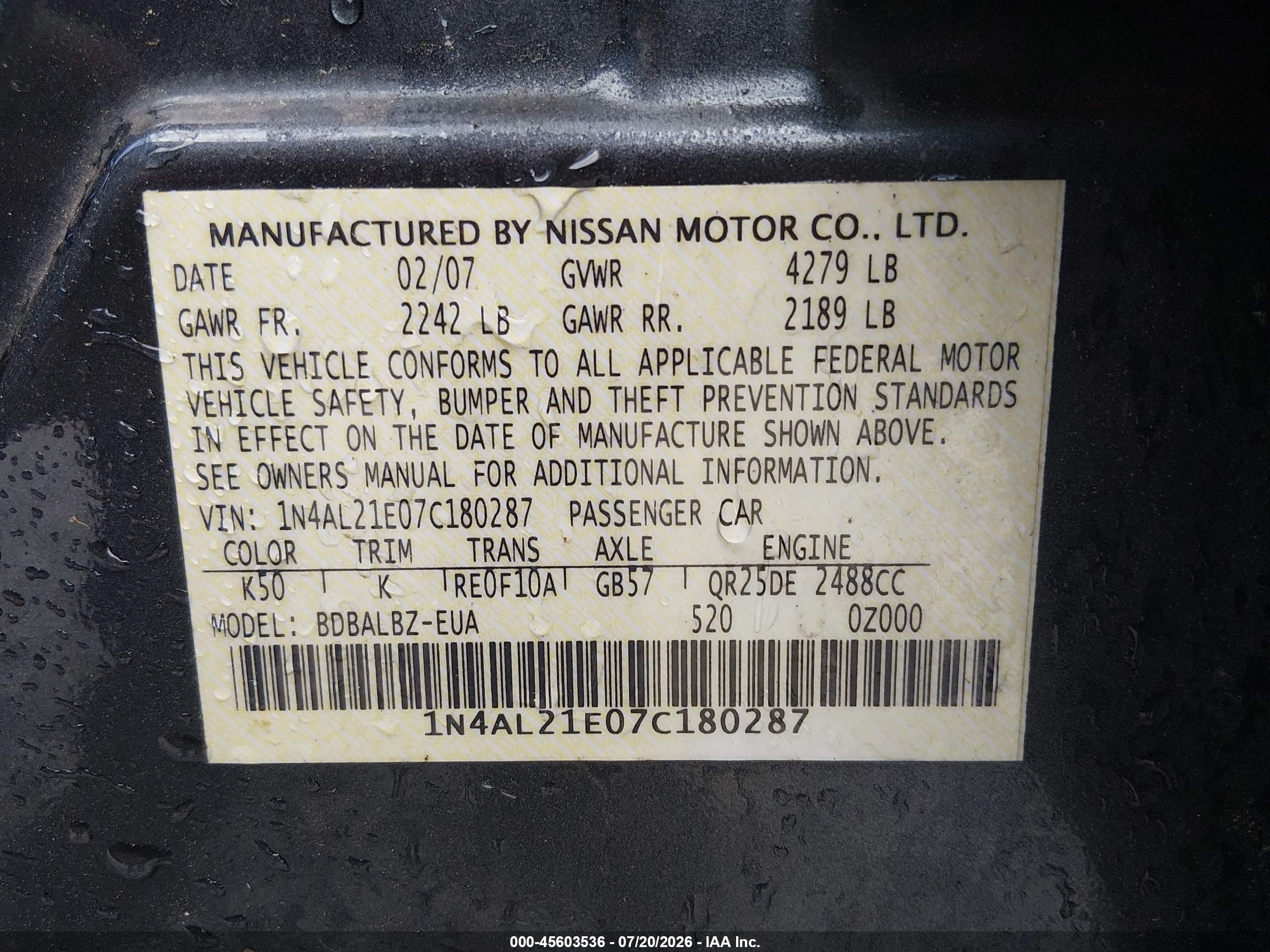 2007 Nissan Altima 2.5 S Gray vin: 1N4AL21E07C180287