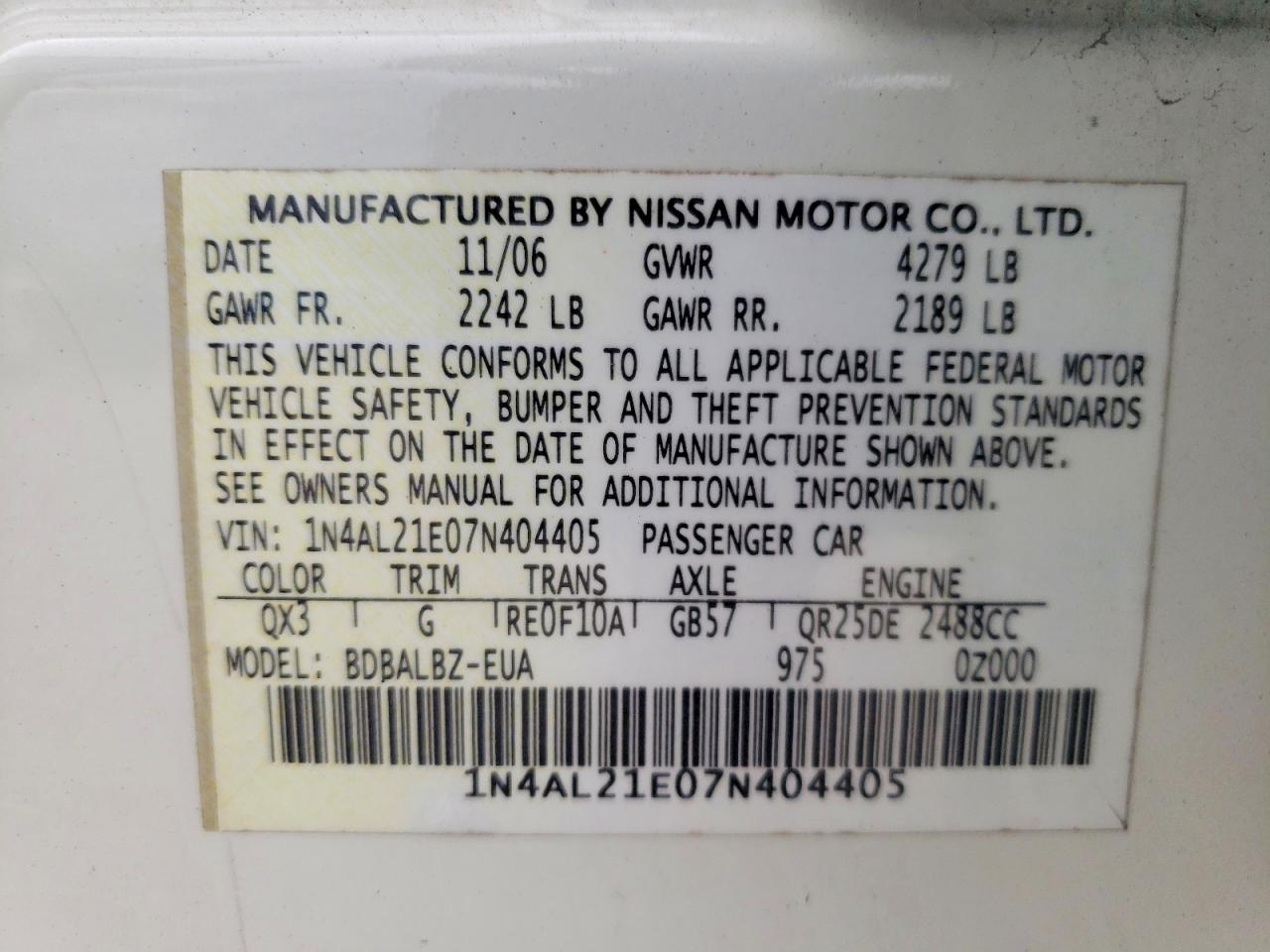 2007 Nissan Altima 2.5 White vin: 1N4AL21E07N404405