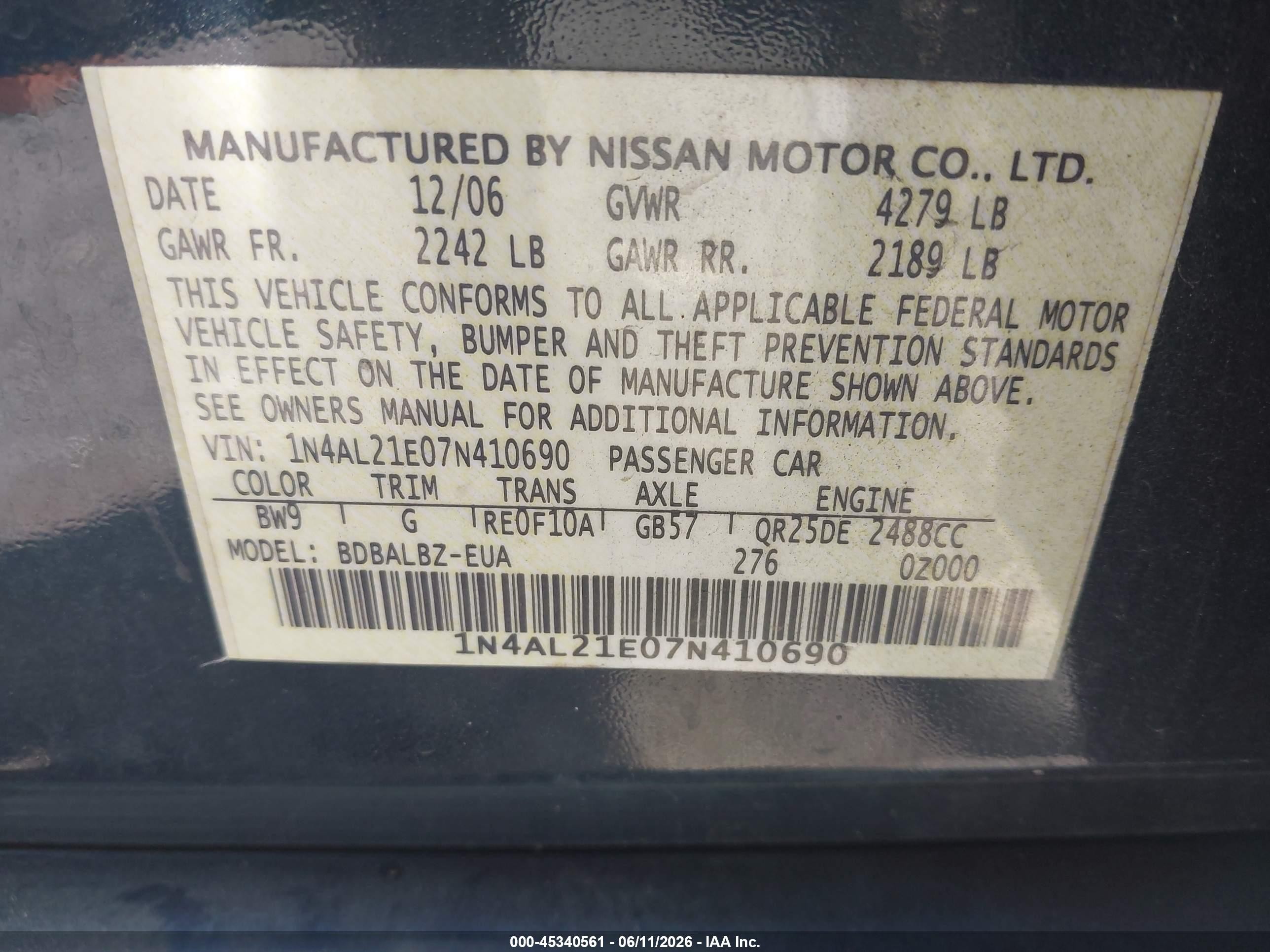 2007 Nissan Altima 2.5 S Blue vin: 1N4AL21E07N410690