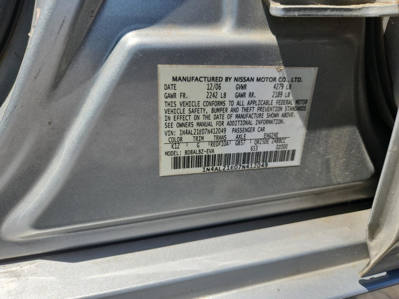 2007 Nissan Altima 2.5 Silver vin: 1N4AL21E07N412049